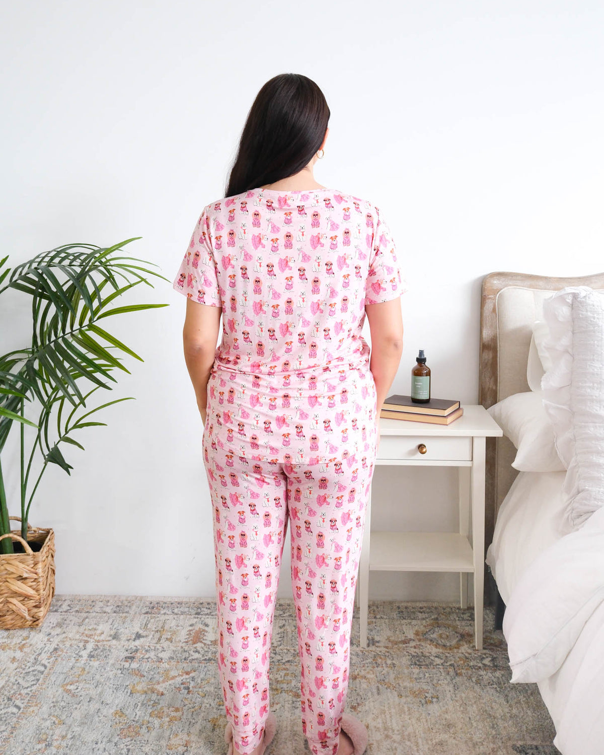 Georgia Rylan Chic Puppies Tee Jogger PJ Set model back view — Cloud Nine Pajamas