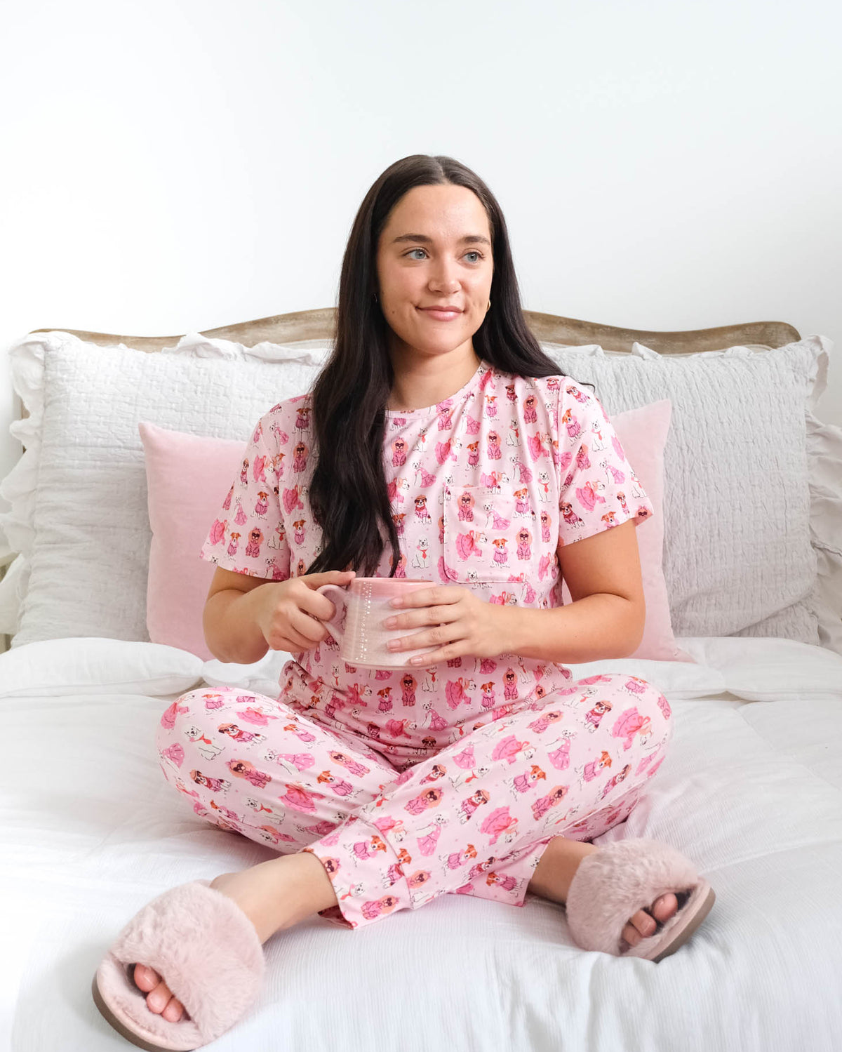 Georgia Rylan Chic Puppies Bamboo Jogger Set lifestyle model — Cloud Nine Pajamas Edmonton