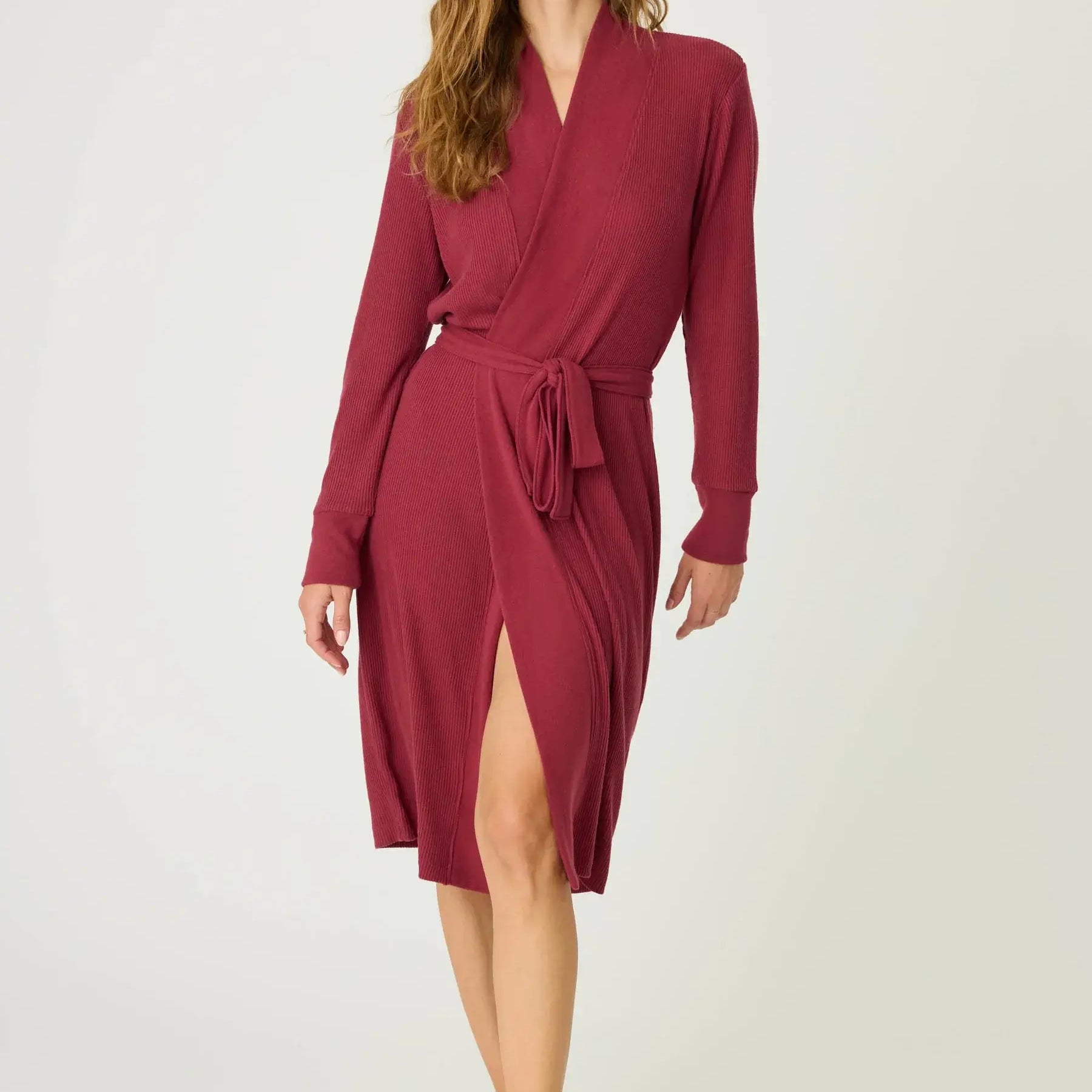 women's berry port red ribbed lounge robe with attached tie pj salvage