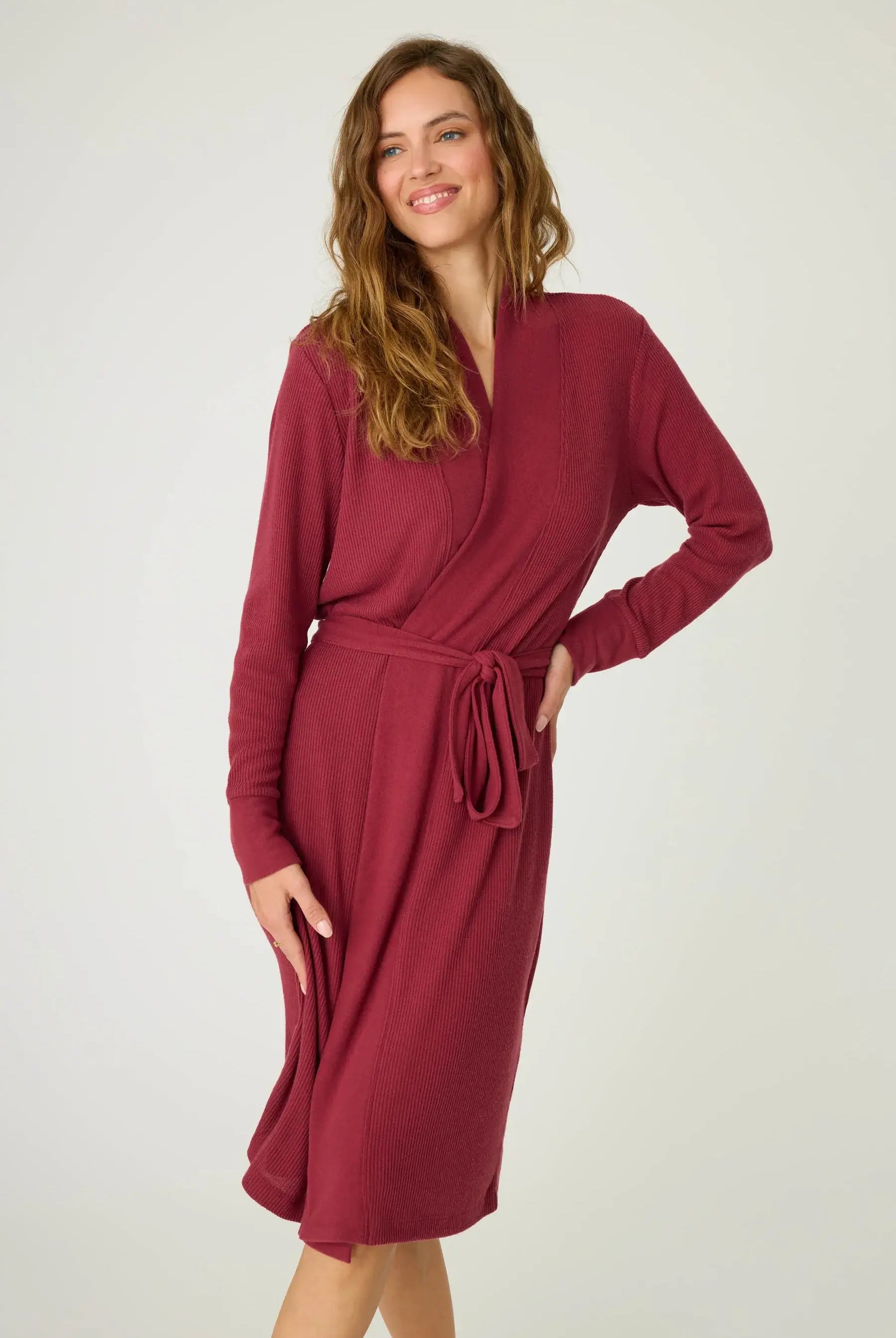 women's berry port red ribbed lounge robe with attached tie pj salvage