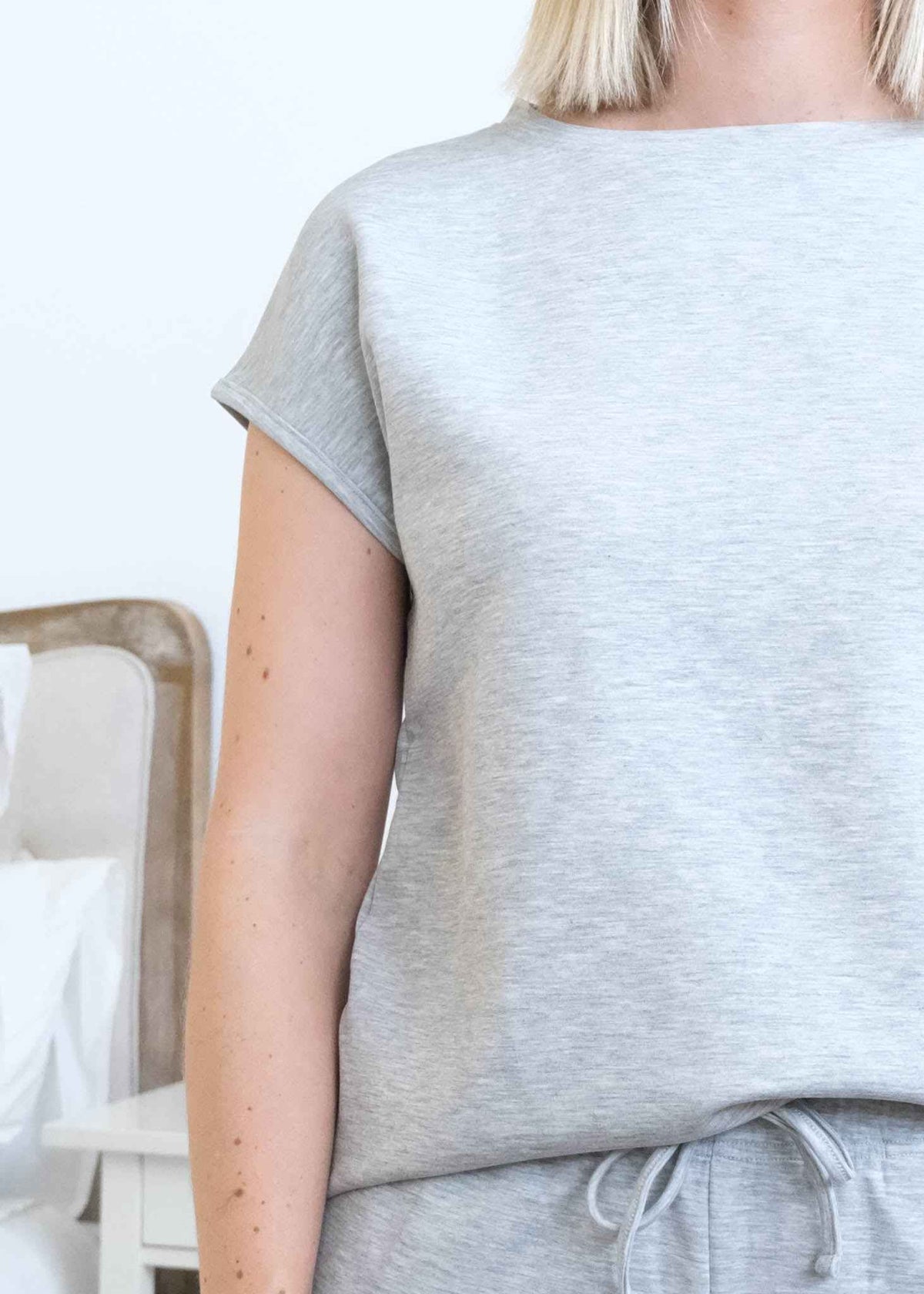 Miranda Nic The Robyn Lounge Set rolled collar and sleeve detail close-up — Cloud Nine Pajamas