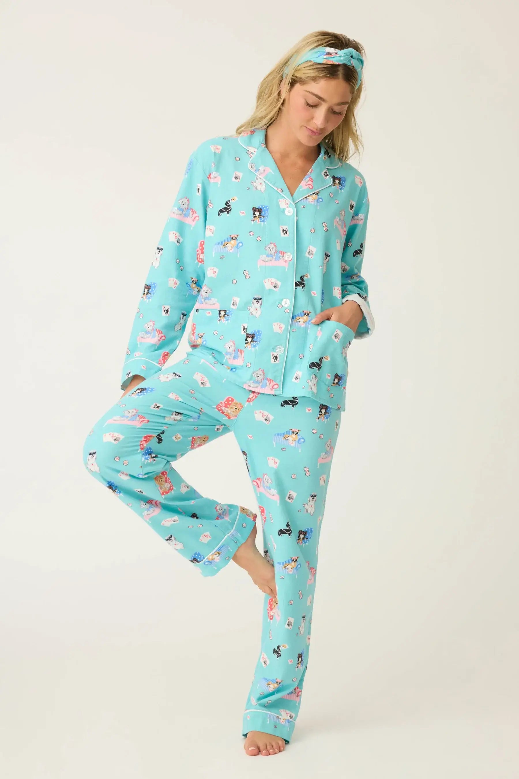 This Is How I Roll Dog Print Flannel PJ Set from PJ Salvage shown in light blue with playful dog prints.