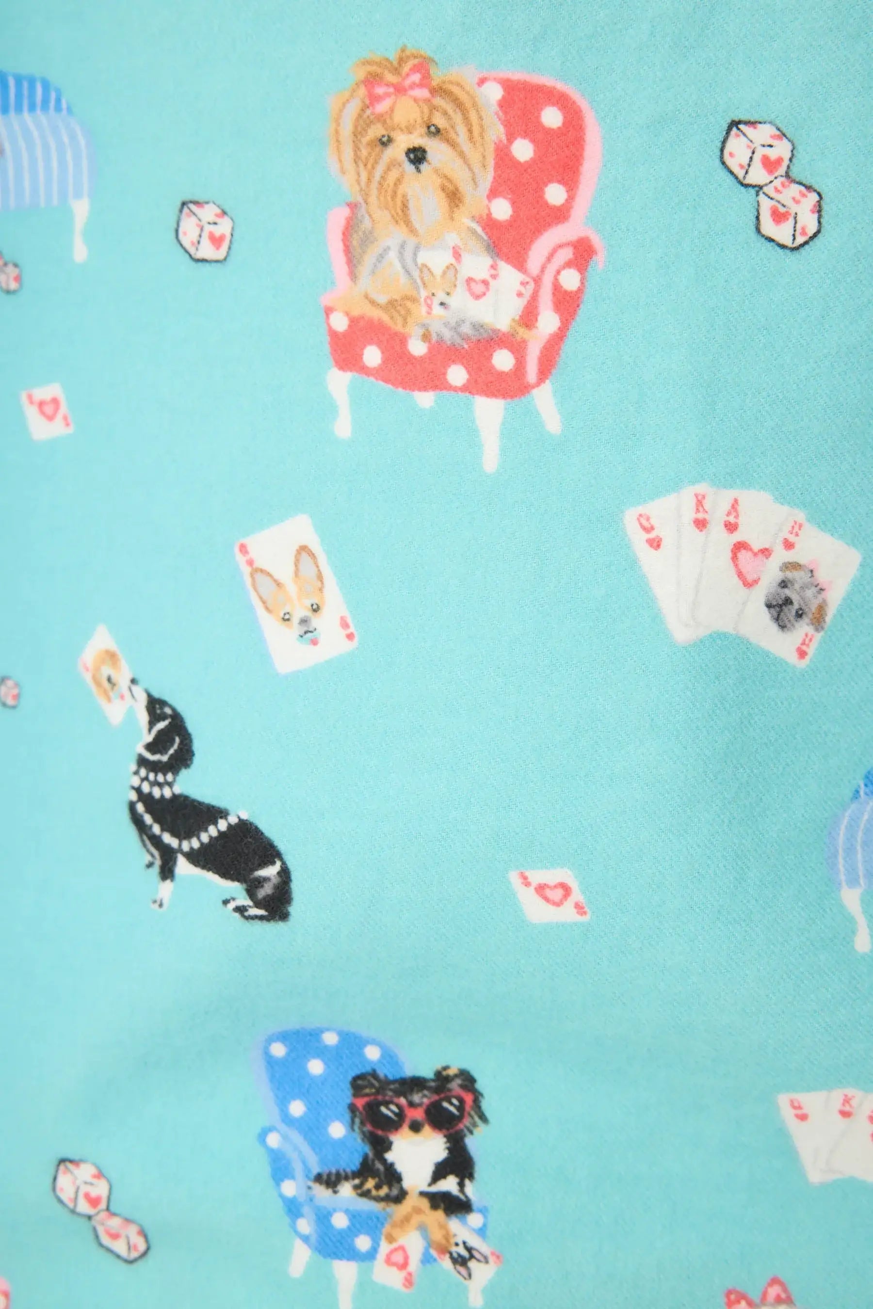 This Is How I Roll Dog Print Flannel PJ Set featuring playful dogs and poker cards in a vibrant pattern.