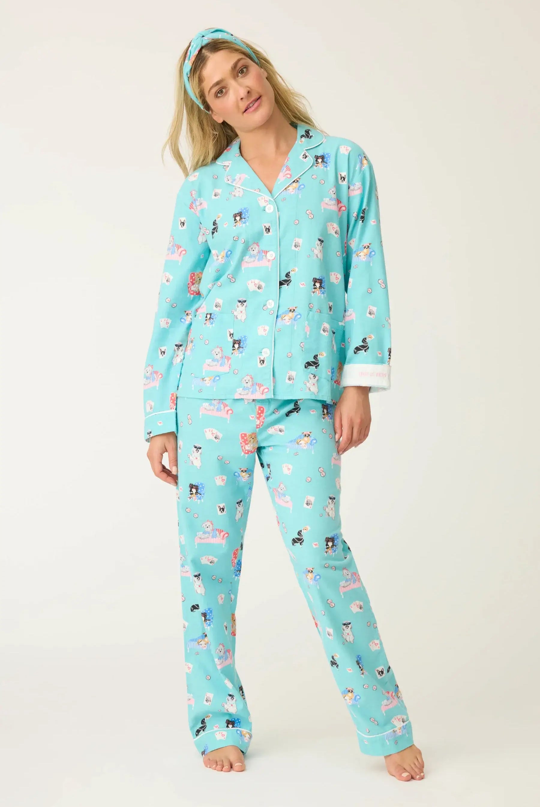 This Is How I Roll Dog Print Flannel PJ Set model wearing cozy pajamas in blue with dog print