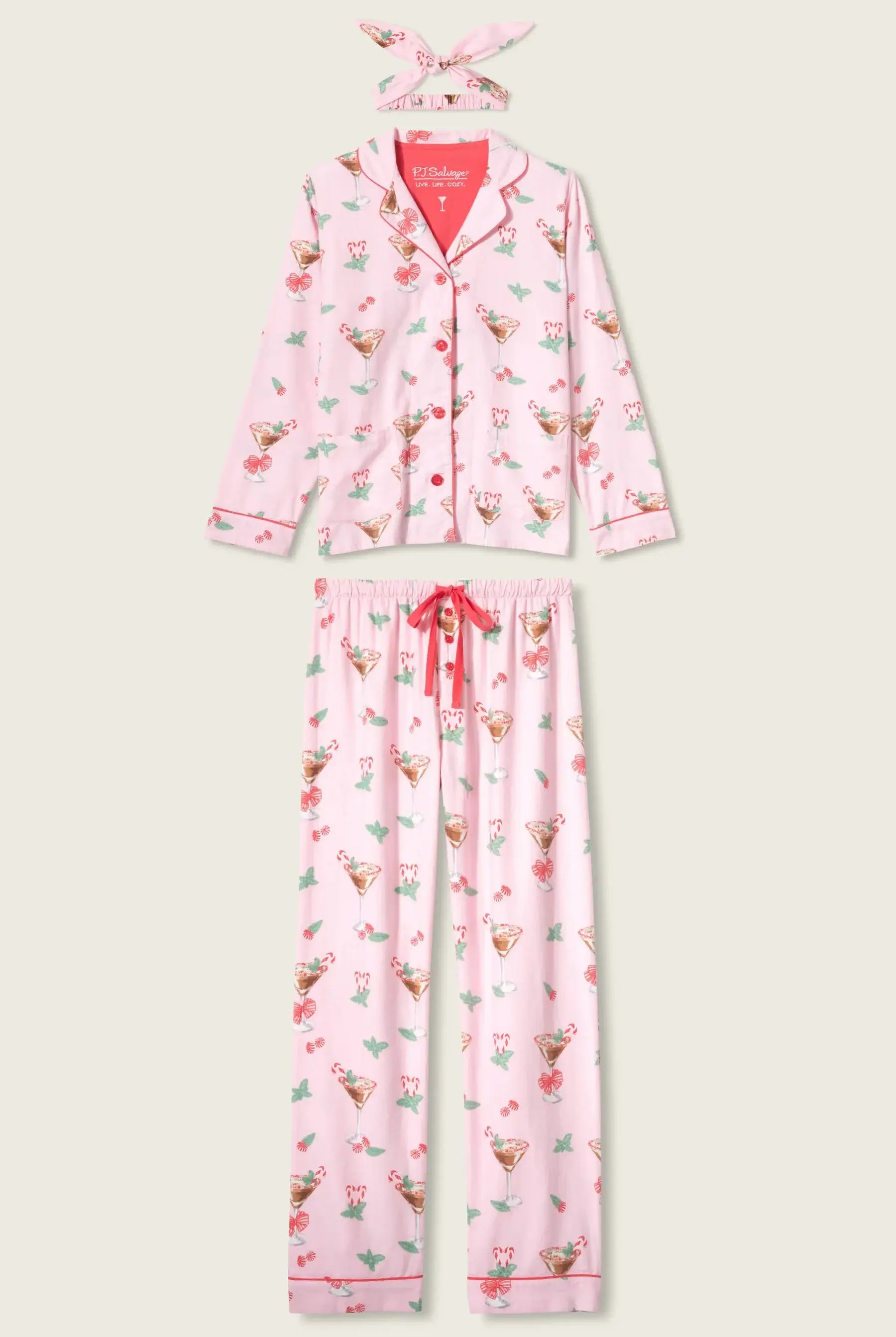 Tini Time Drink Print Flannel 3-Piece PJ Set featuring pink flannel with festive cocktail prints and a matching headband.