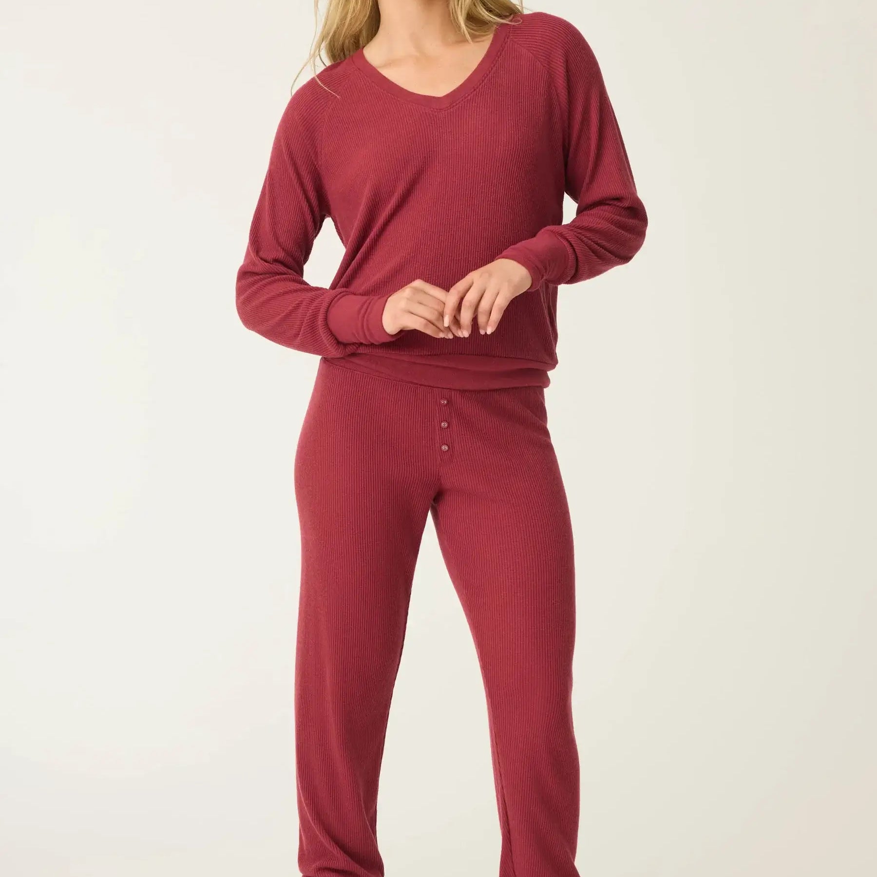 women's berry port textured waffle knit essential lounge set long johns pj salvage