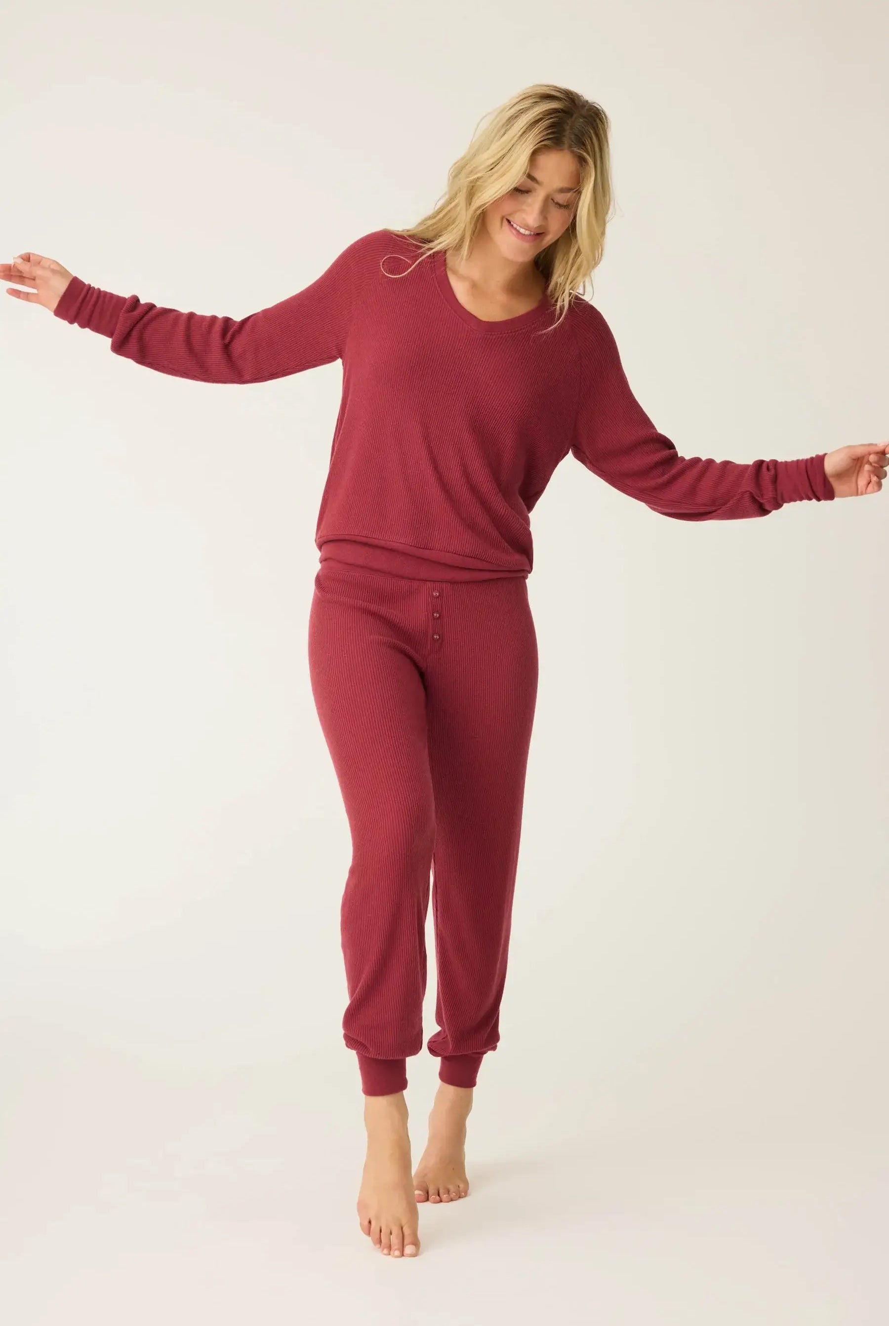 women's berry port textured waffle knit essential lounge set long johns pj salvage