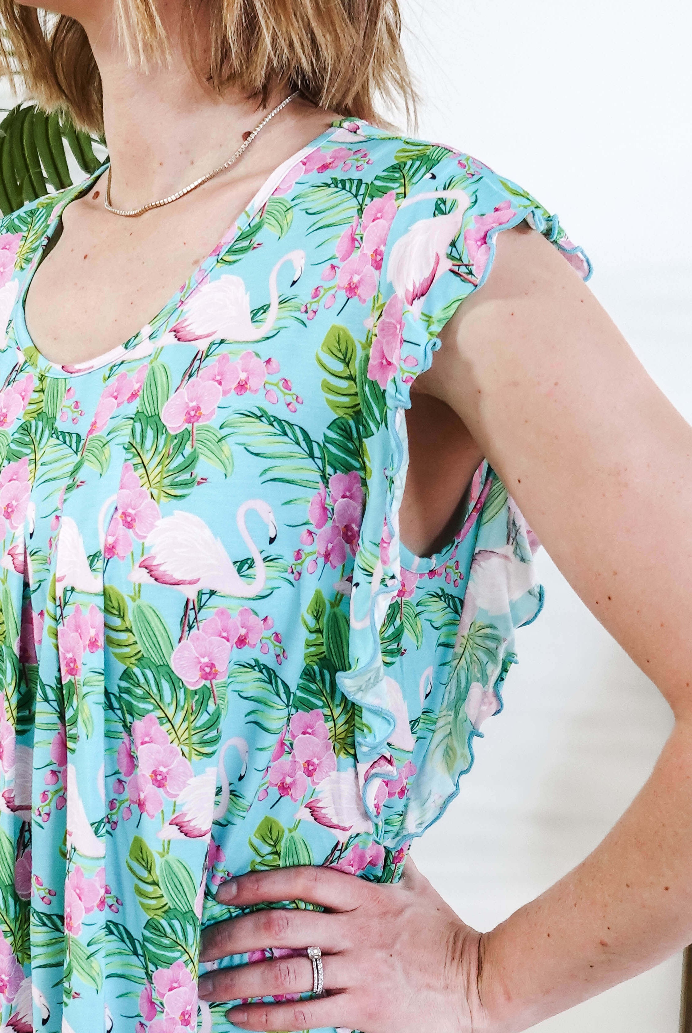 Tropic Like It's Hot Flutter Bamboo Nightgown Georgia Rylan showing underarm panel for coverage