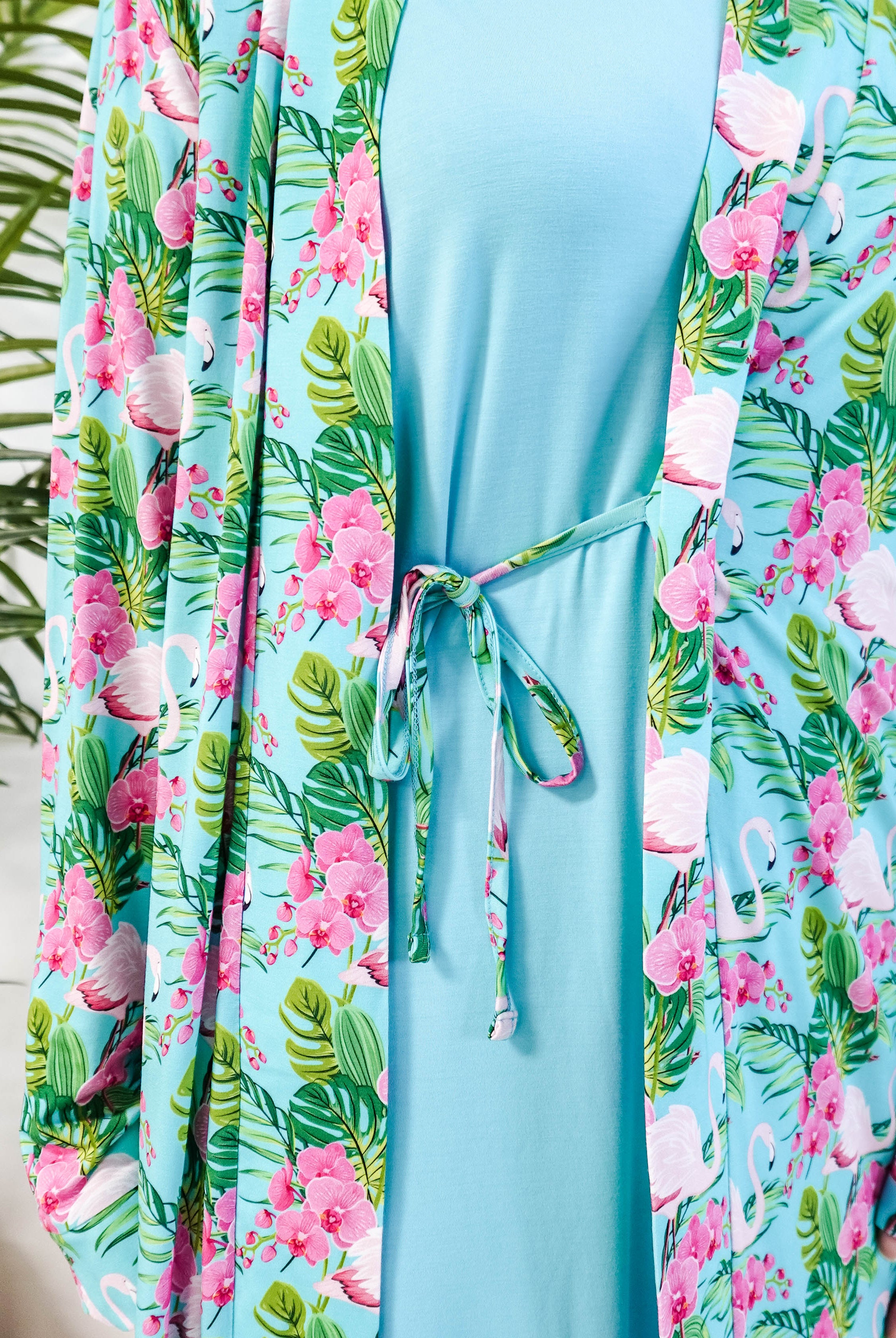 Tropic Like It's Hot Bamboo Short Robe | Georgia Rylan
showing inner tie