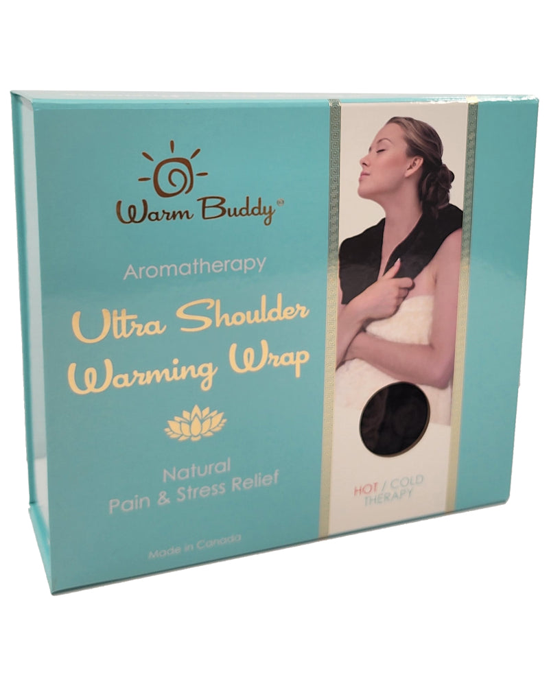 Warm Buddy Ultra Shoulder Wrap product box angle view — Cloud Nine Pajamas