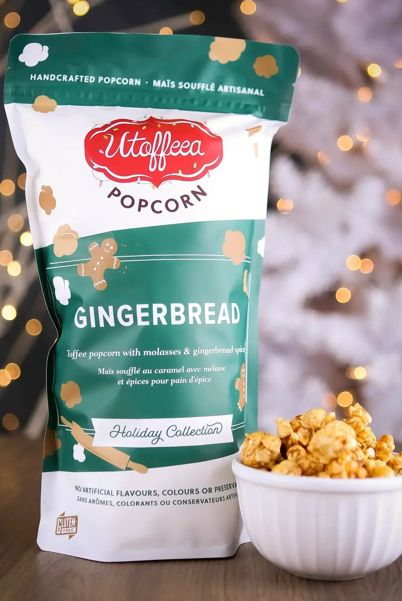 utoffeea gingerbread popcorn, handcrafted in canada, perfect for holiday gifting