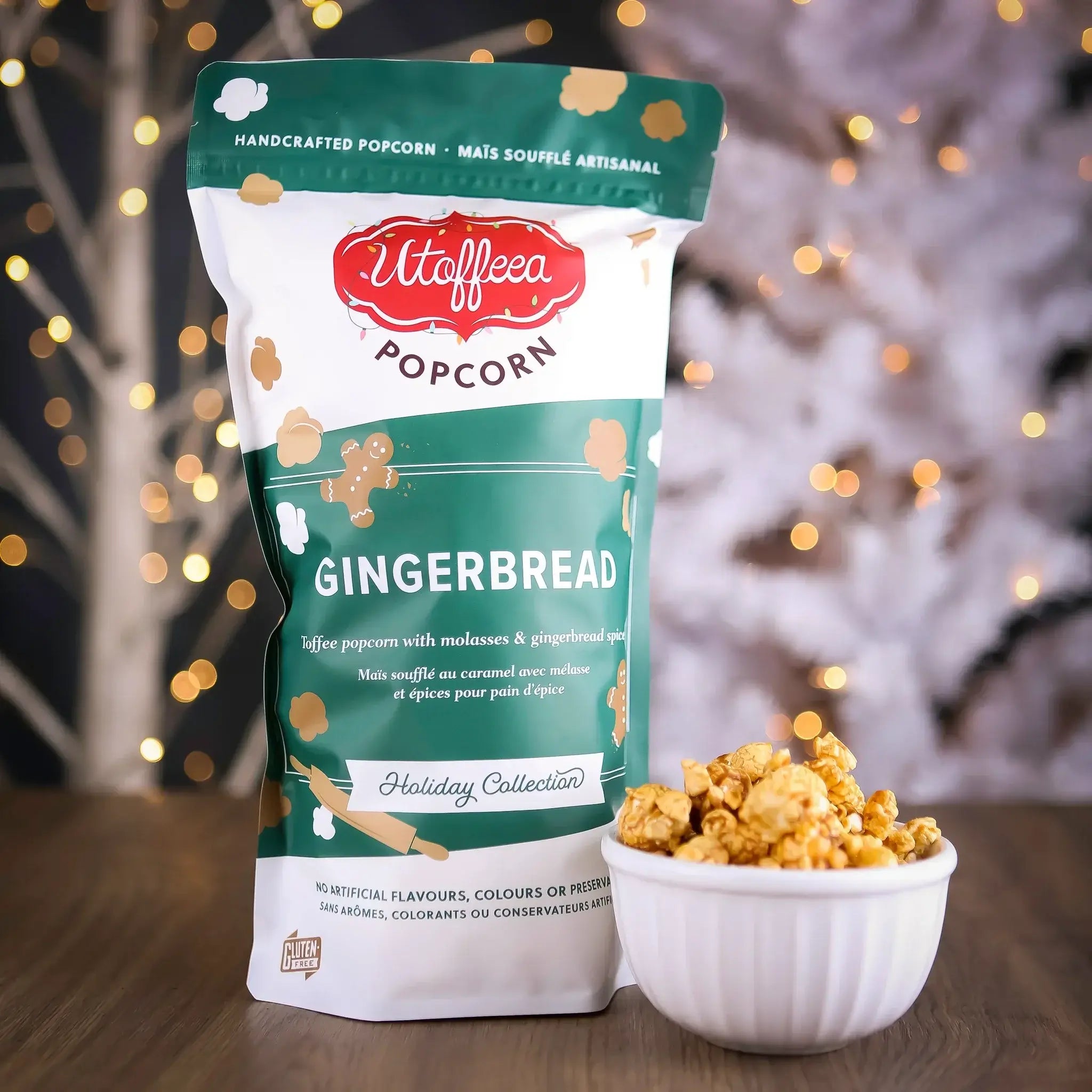utoffeea gingerbread popcorn, handcrafted in canada, perfect for holiday gifting