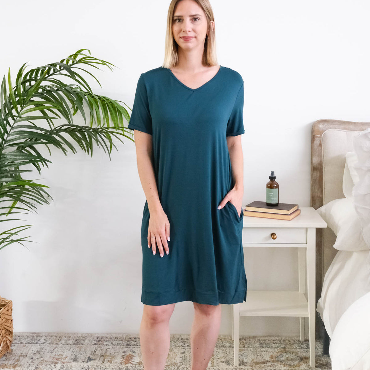 Georgia Rylan Midnight Teal V-Neck Nightshirt model full length — Cloud Nine Pajamas
