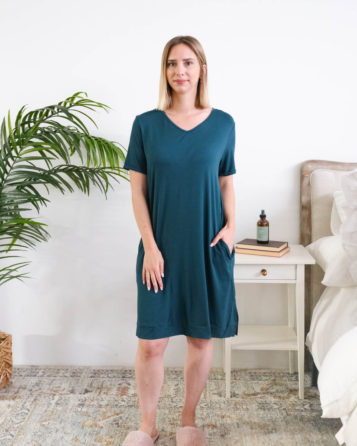 Georgia Rylan Midnight Teal V-Neck Nightshirt model full length — Cloud Nine Pajamas