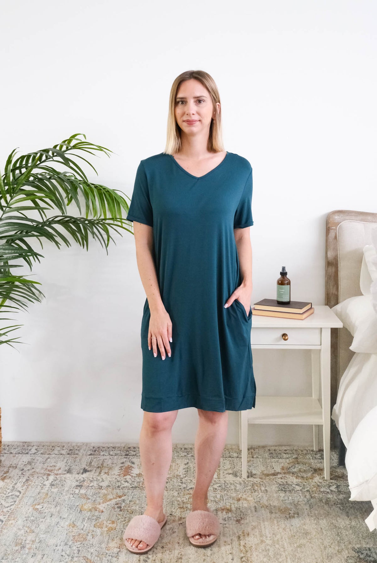 Georgia Rylan Midnight Teal V-Neck Nightshirt model full length — Cloud Nine Pajamas