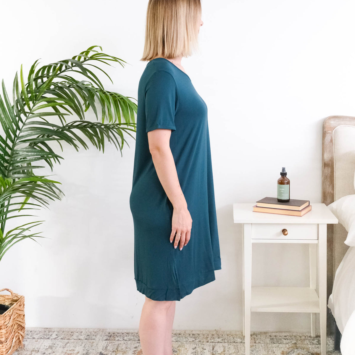 Georgia Rylan Midnight Teal V-Neck Bamboo Nightshirt model side view — Cloud Nine Pajamas Edmonton