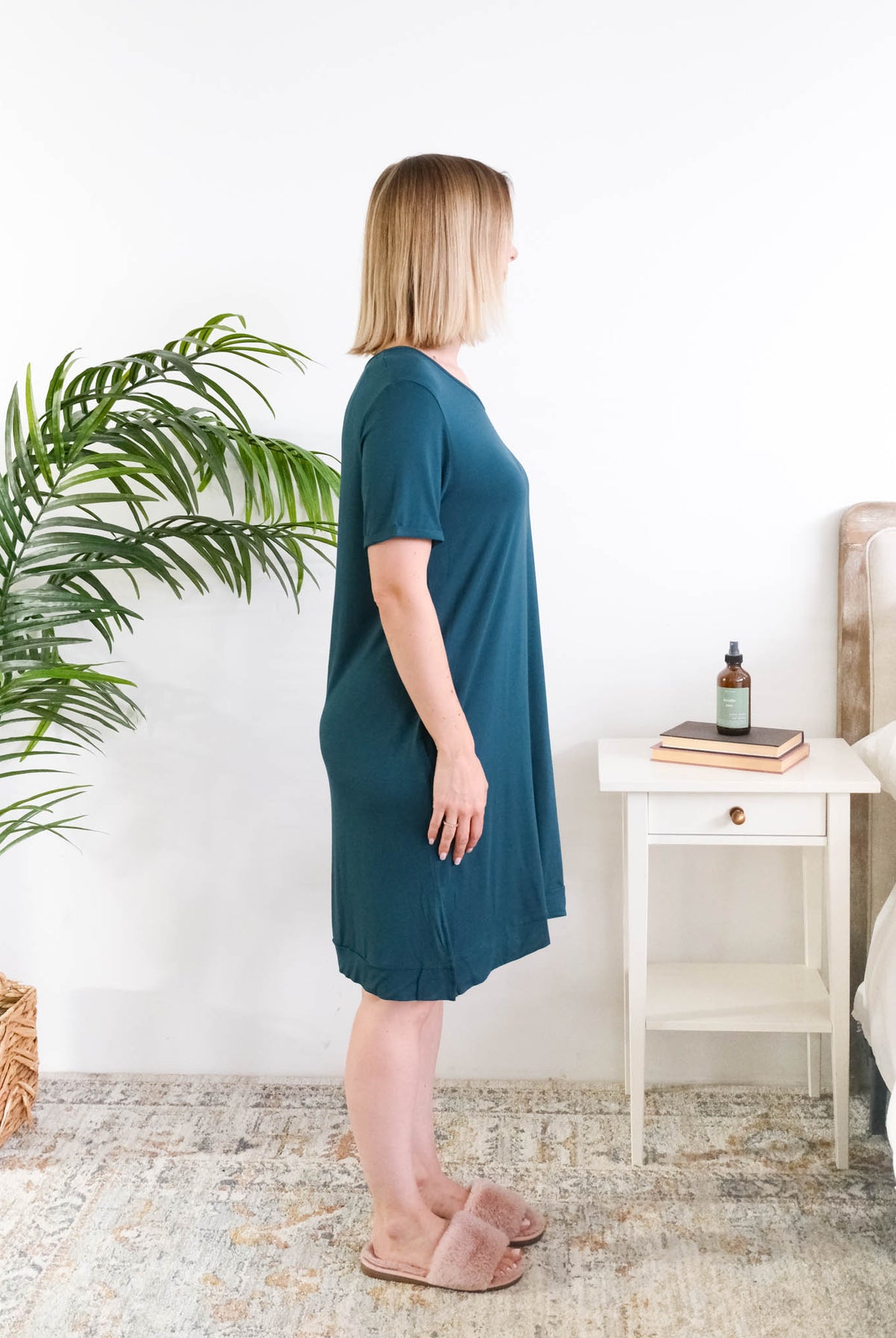 Georgia Rylan Midnight Teal V-Neck Bamboo Nightshirt model side view — Cloud Nine Pajamas Edmonton