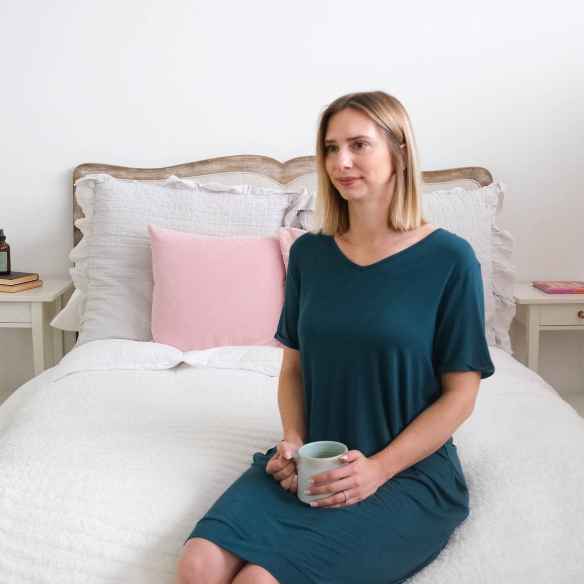 Georgia Rylan V-Neck Bamboo Nightshirt with Pockets Midnight Teal front view on model — Cloud Nine Pajamas Edmonton