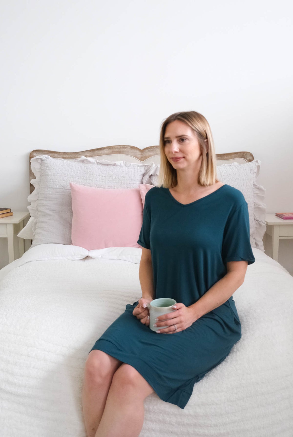 Georgia Rylan V-Neck Bamboo Nightshirt with Pockets Midnight Teal front view on model — Cloud Nine Pajamas Edmonton
