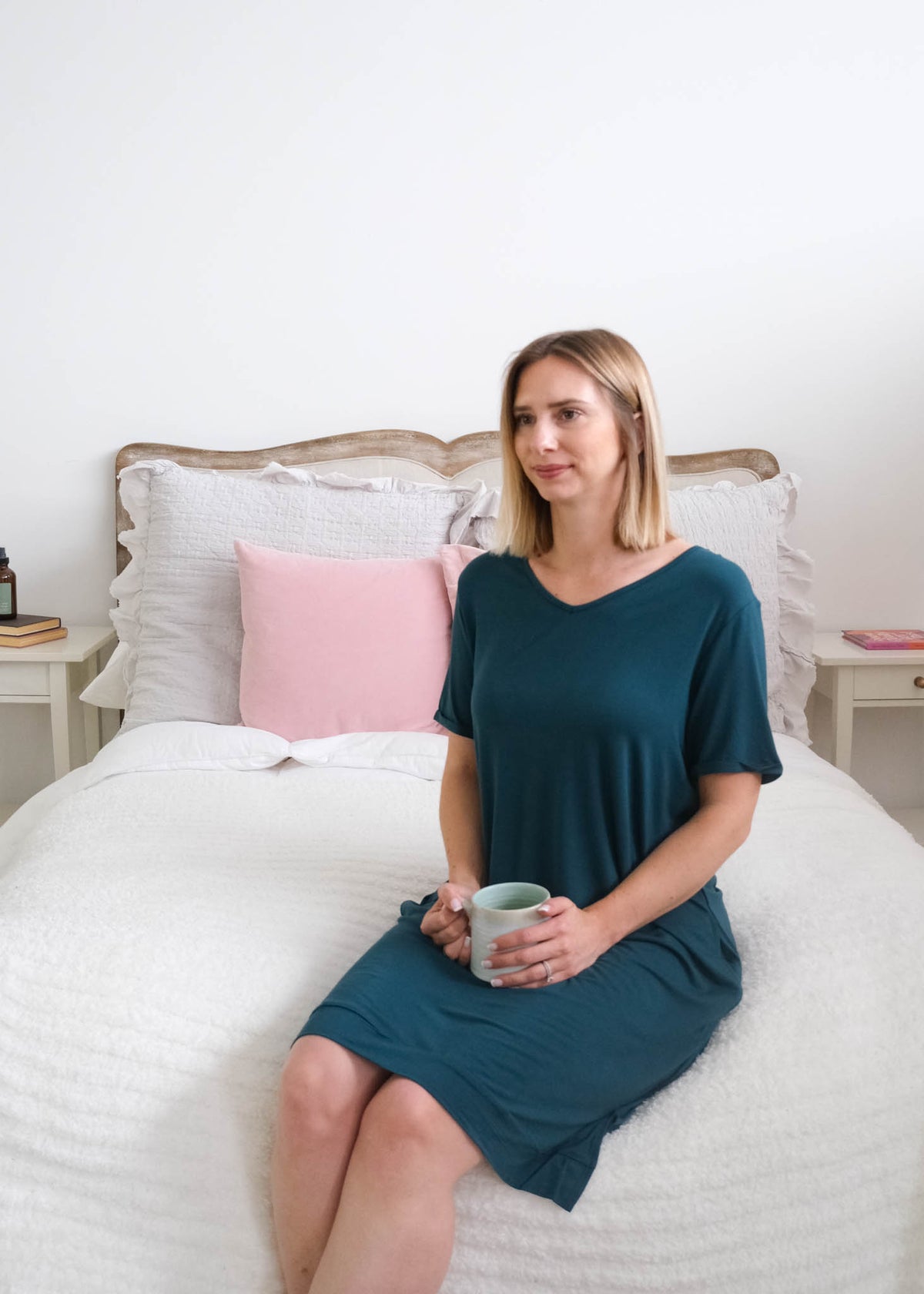Georgia Rylan V-Neck Bamboo Nightshirt with Pockets Midnight Teal front view on model — Cloud Nine Pajamas Edmonton