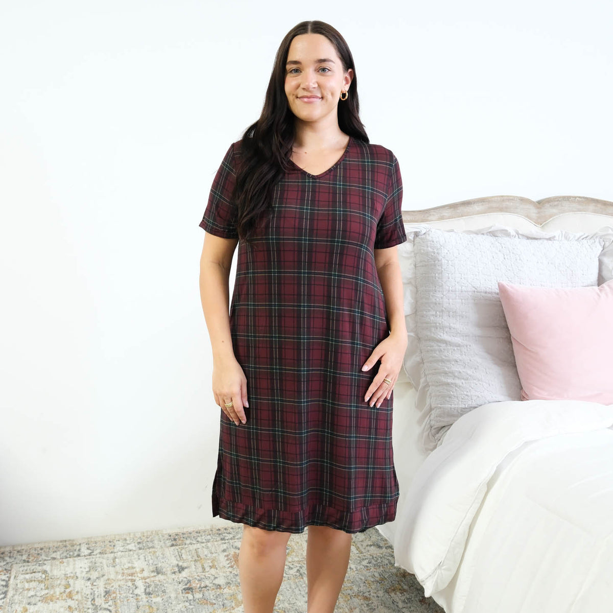 Georgia Rylan Bamboo Plaid V-Neck Nightshirt front view knee length banded hem — Cloud Nine Pajamas Edmonton