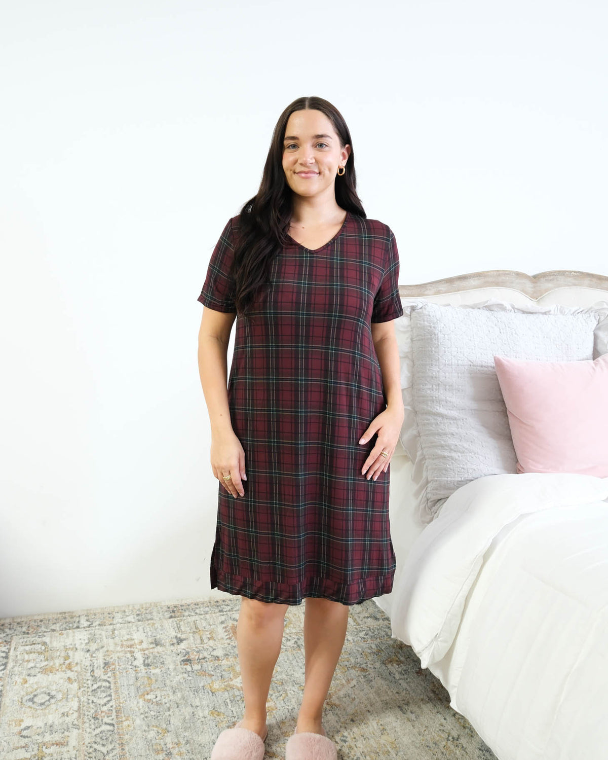 Georgia Rylan Bamboo Plaid V-Neck Nightshirt front view knee length banded hem — Cloud Nine Pajamas Edmonton