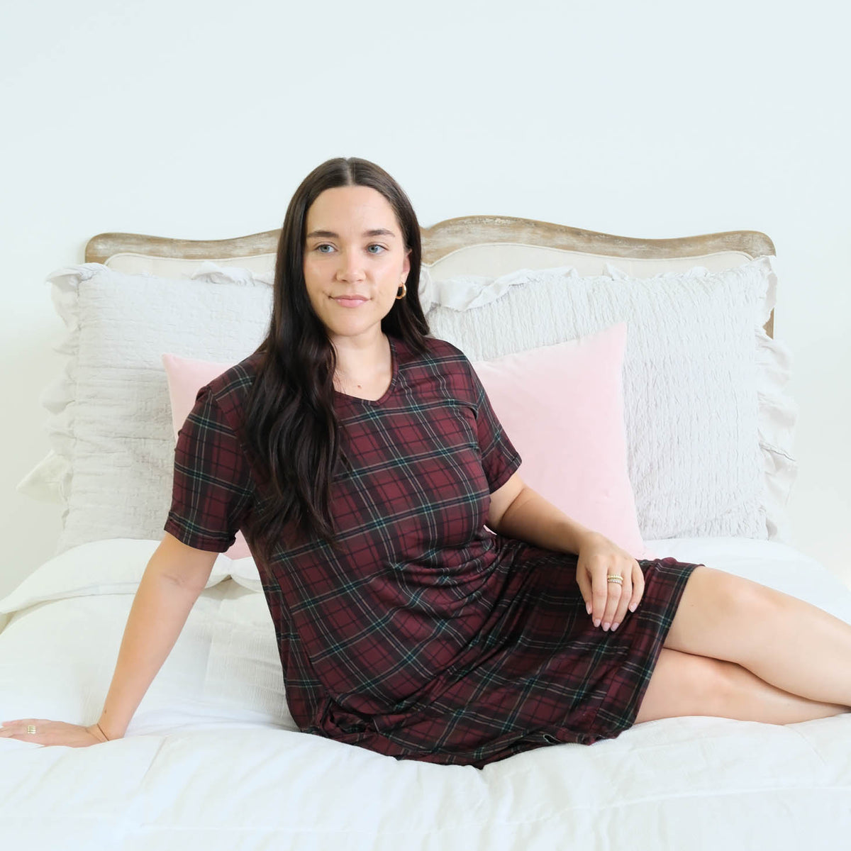 Georgia Rylan Bamboo Plaid V-Neck Nightshirt lifestyle model reclining on bed — Cloud Nine Pajamas Edmonton