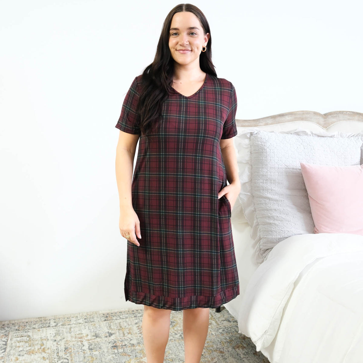 Georgia Rylan Bamboo Plaid V-Neck Nightshirt side pockets hand in pocket detail — Cloud Nine Pajamas Edmonton