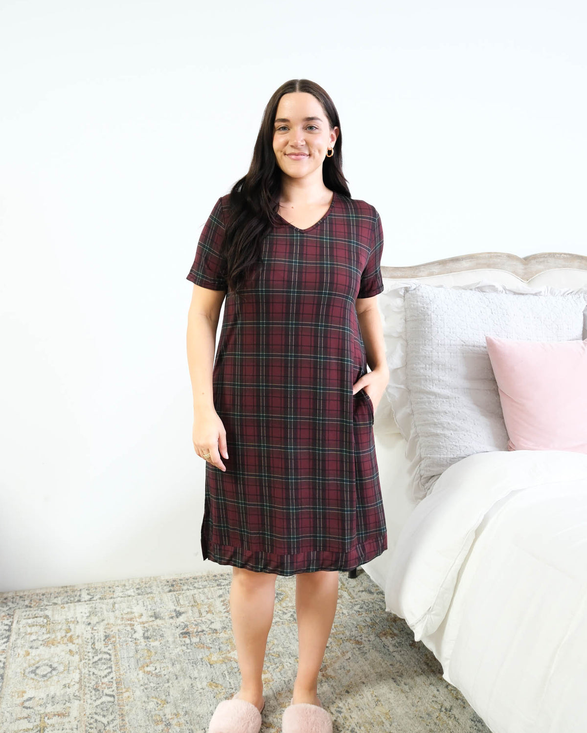 Georgia Rylan Bamboo Plaid V-Neck Nightshirt side pockets hand in pocket detail — Cloud Nine Pajamas Edmonton