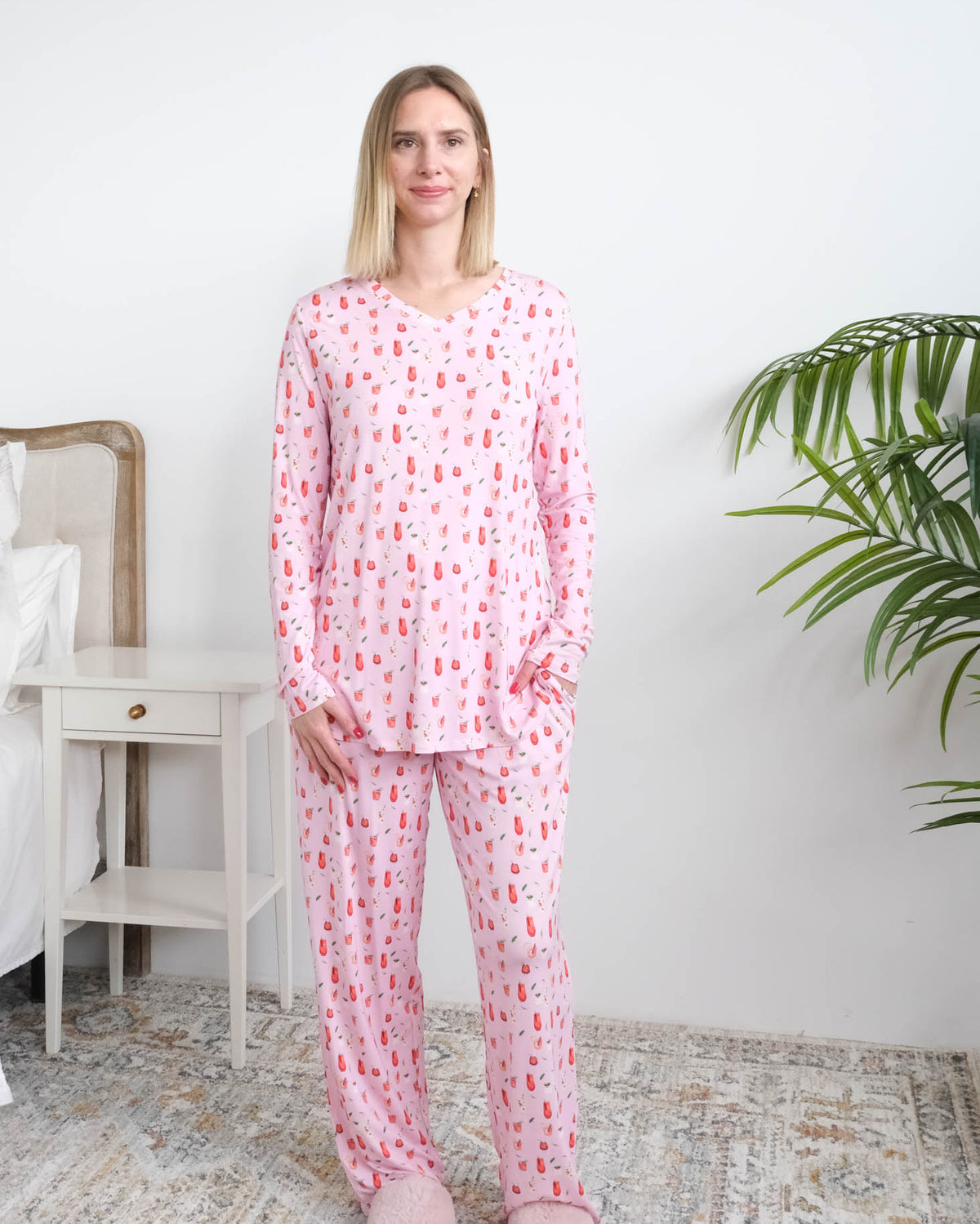 Georgia Rylan Cozy Cocktails V-Neck Bamboo PJ Set lifestyle front view — Cloud Nine Pajamas Edmonton
