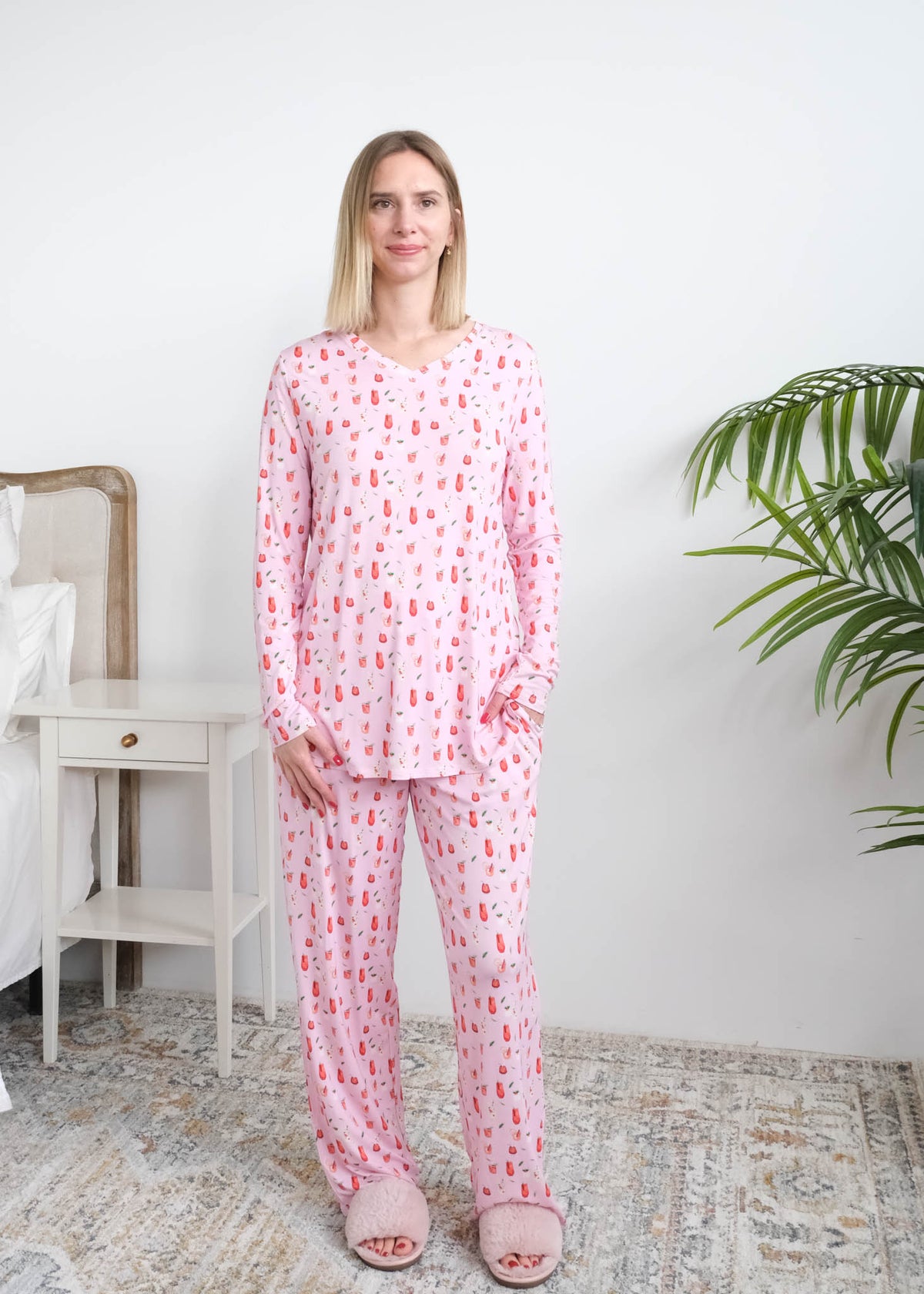 Georgia Rylan Cozy Cocktails V-Neck Bamboo PJ Set lifestyle front view — Cloud Nine Pajamas Edmonton