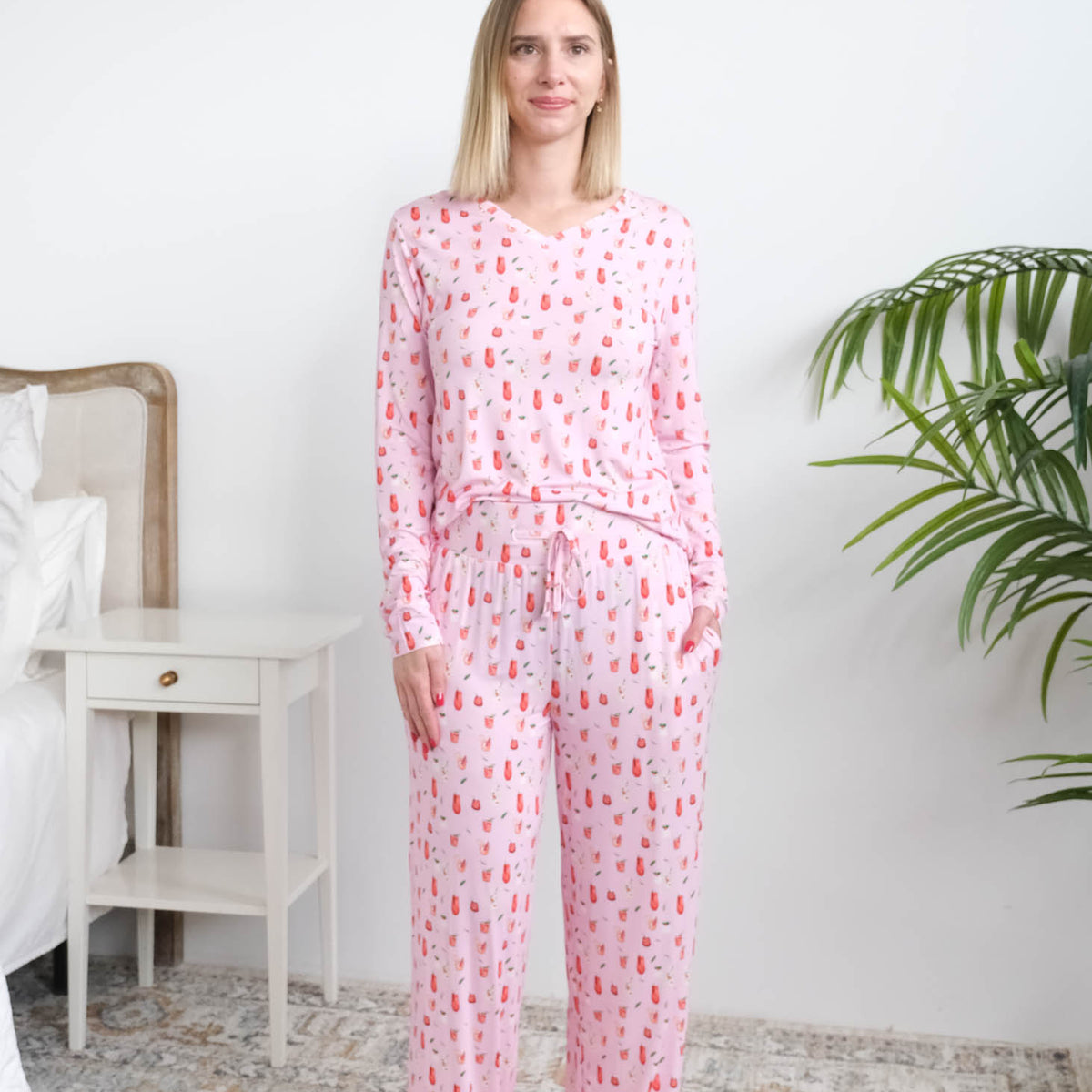 Georgia Rylan Cozy Cocktails Bamboo PJ Set full length front view on model tucked in top — Cloud Nine Pajamas Edmonton