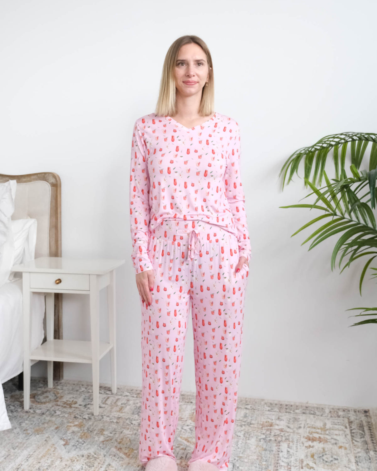 Georgia Rylan Cozy Cocktails Bamboo PJ Set full length front view on model tucked in top — Cloud Nine Pajamas Edmonton