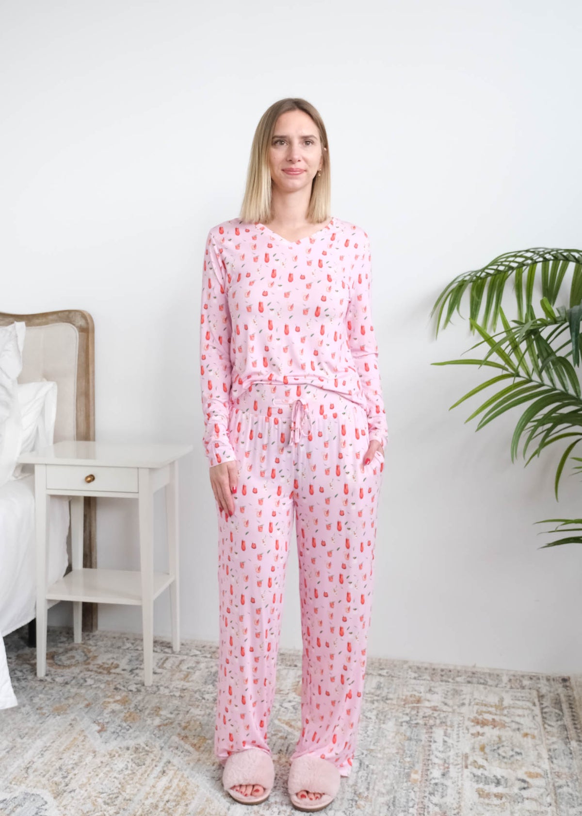 Georgia Rylan Cozy Cocktails Bamboo PJ Set full length front view on model tucked in top — Cloud Nine Pajamas Edmonton