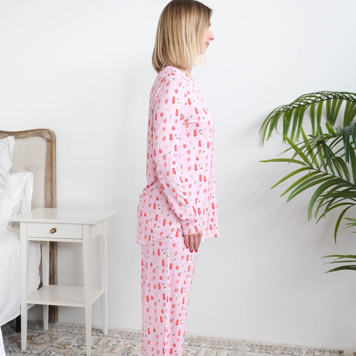 Georgia Rylan Cozy Cocktails Bamboo PJ Set side view straight-leg pant — Cloud Nine Pajamas Edmonton