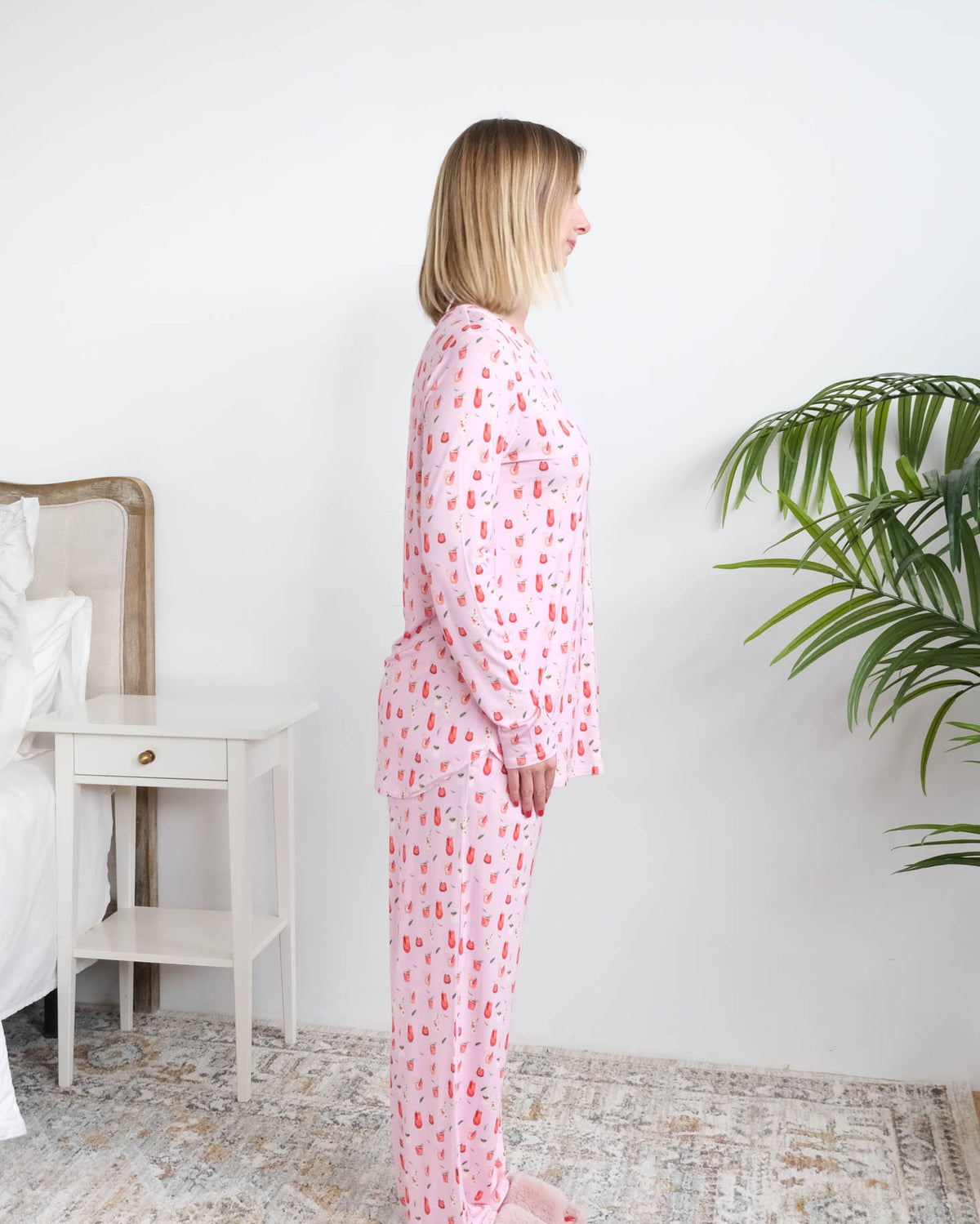 Georgia Rylan Cozy Cocktails Bamboo PJ Set side view straight-leg pant — Cloud Nine Pajamas Edmonton