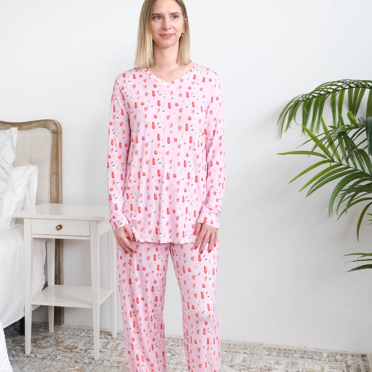 Georgia Rylan Cozy Cocktails Bamboo PJ Set full length front view on model untucked shirt showing length — Cloud Nine Pajamas Edmonton