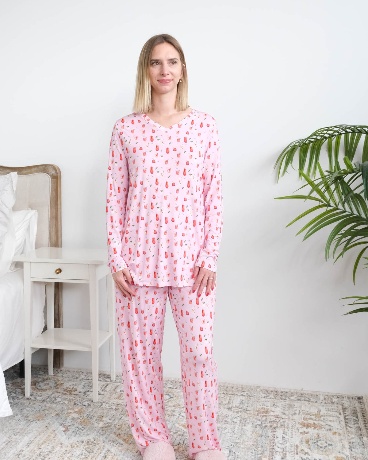 Georgia Rylan Cozy Cocktails Bamboo PJ Set full length front view on model untucked shirt showing length — Cloud Nine Pajamas Edmonton
