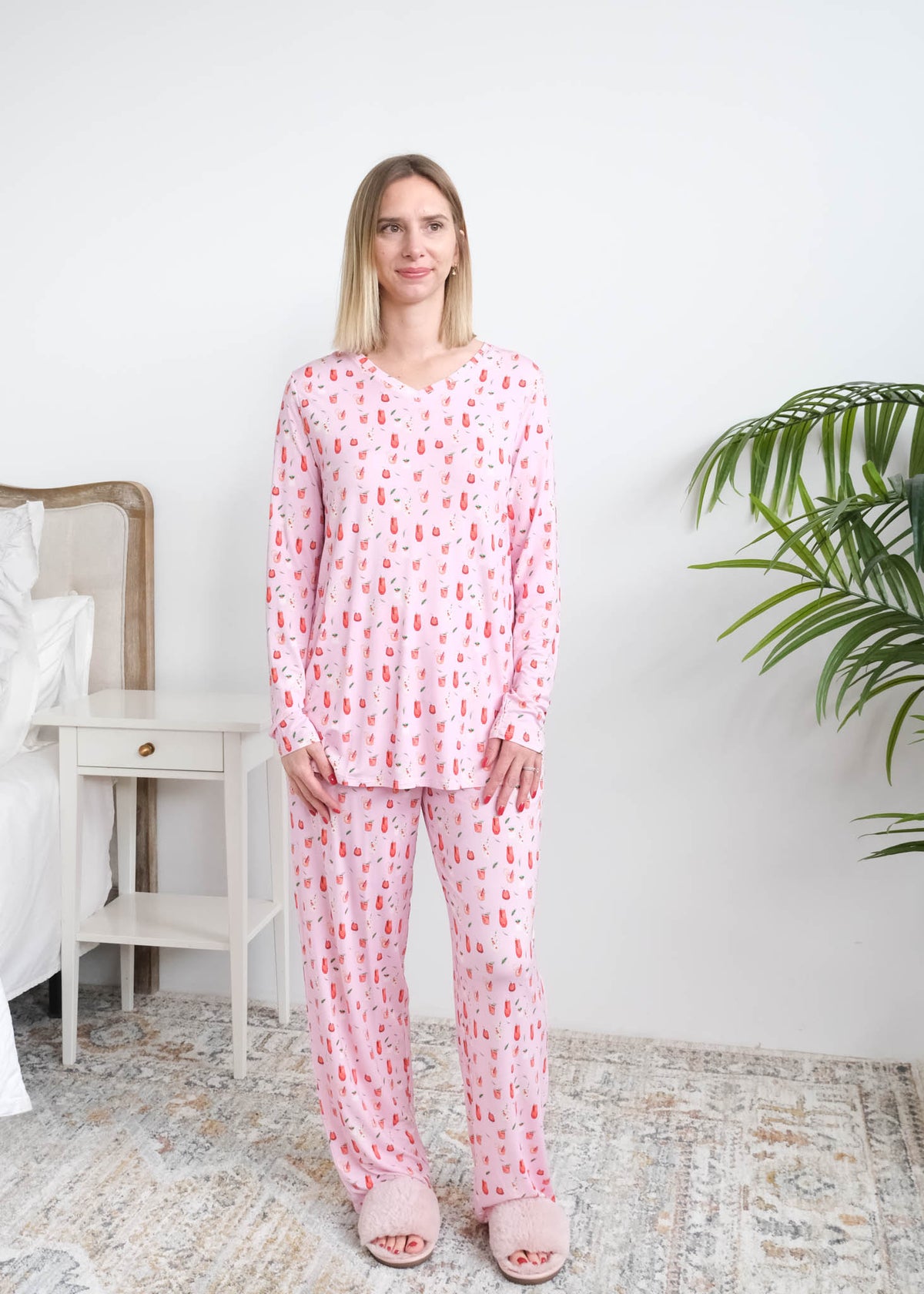 Georgia Rylan Cozy Cocktails Bamboo PJ Set full length front view on model untucked shirt showing length — Cloud Nine Pajamas Edmonton