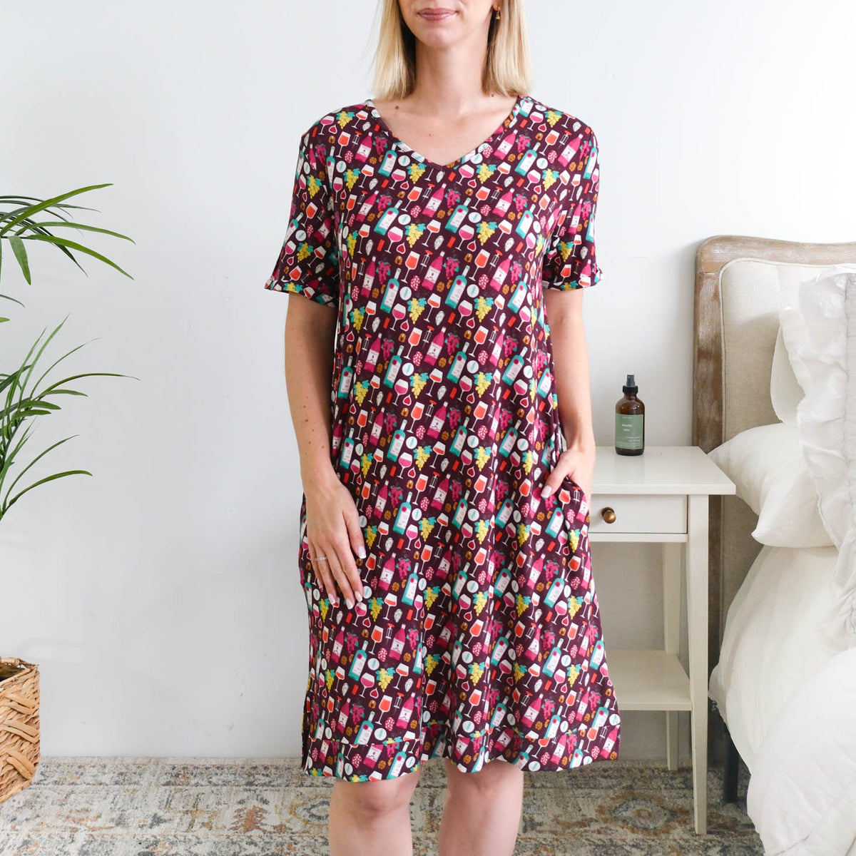 Georgia Rylan Wine Tasting V-Neck Bamboo Nightshirt with Pockets front view on model — Cloud Nine Pajamas Edmonton