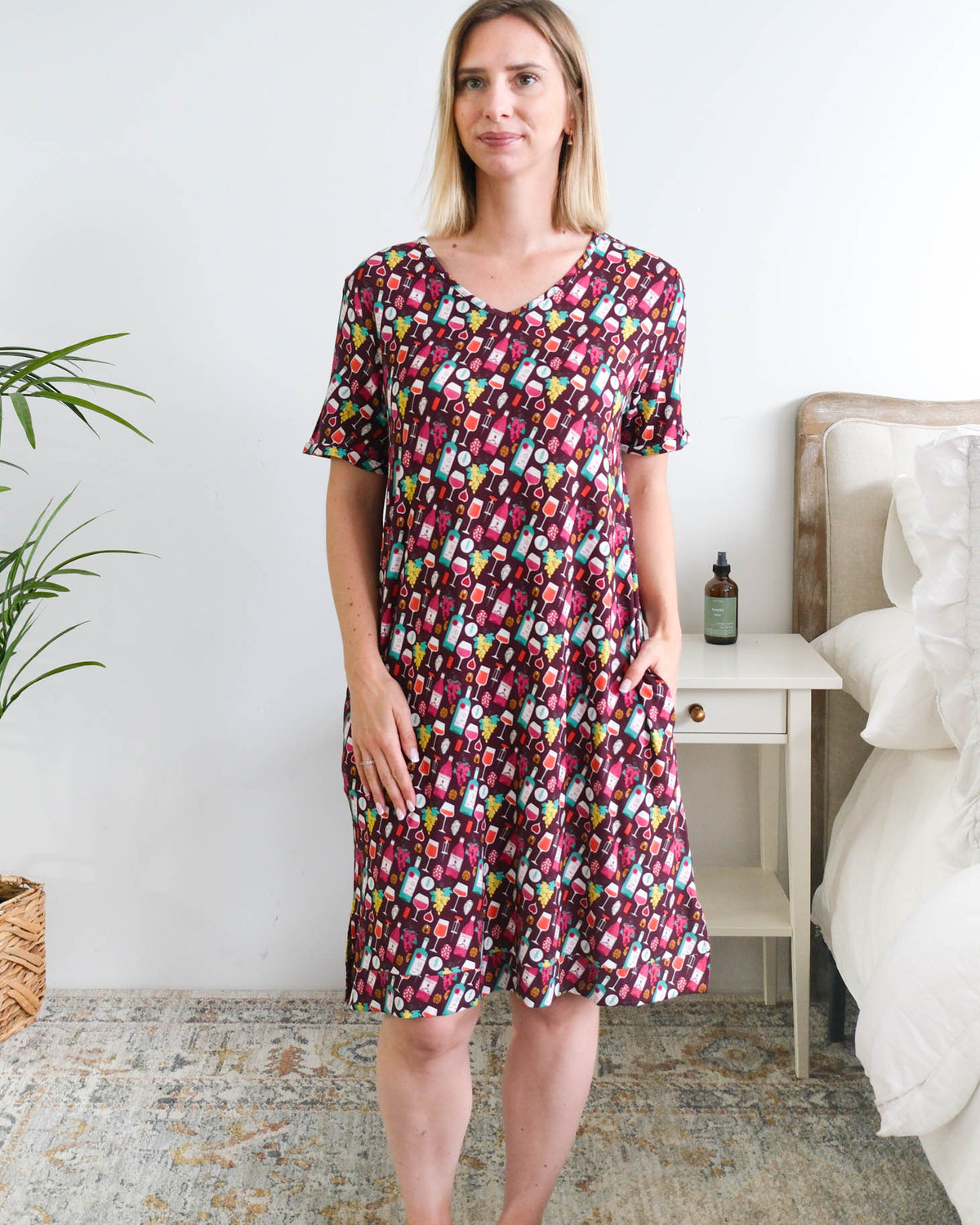 Georgia Rylan Wine Tasting V-Neck Bamboo Nightshirt with Pockets front view on model — Cloud Nine Pajamas Edmonton