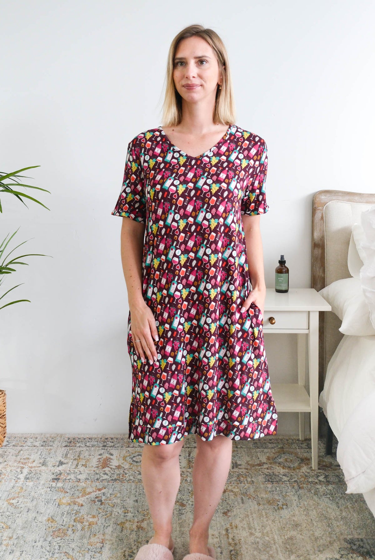Georgia Rylan Wine Tasting V-Neck Bamboo Nightshirt with Pockets front view on model — Cloud Nine Pajamas Edmonton