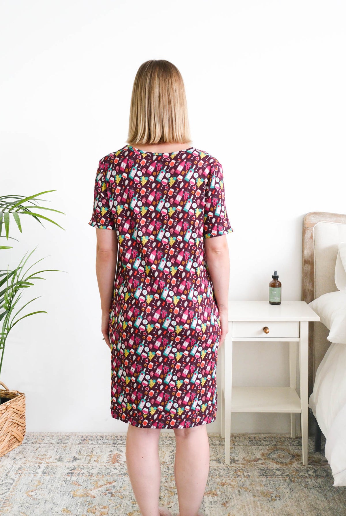 Georgia Rylan Wine Tasting V-Neck Bamboo Nightshirt model back view — Cloud Nine Pajamas Edmonton