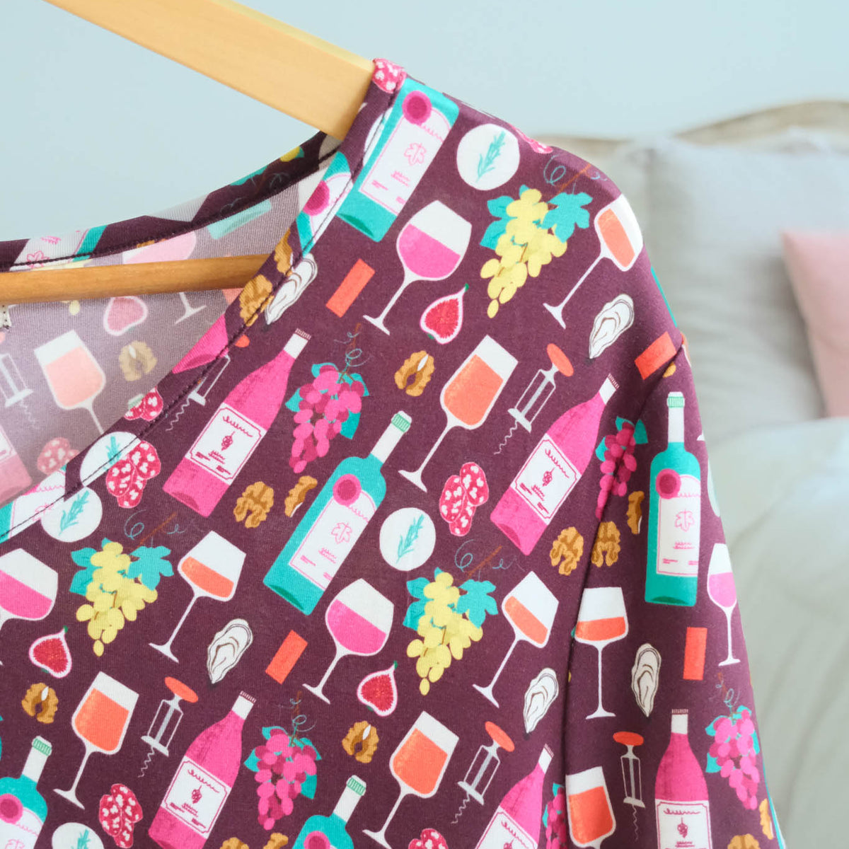 Georgia Rylan Wine Tasting Bamboo Nightshirt V-neckline and print detail — Cloud Nine Pajamas