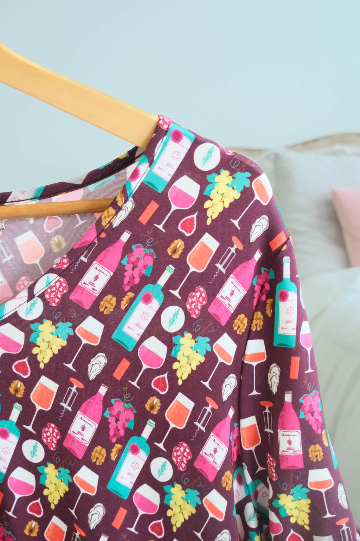 Georgia Rylan Wine Tasting Bamboo Nightshirt V-neckline and print detail — Cloud Nine Pajamas
