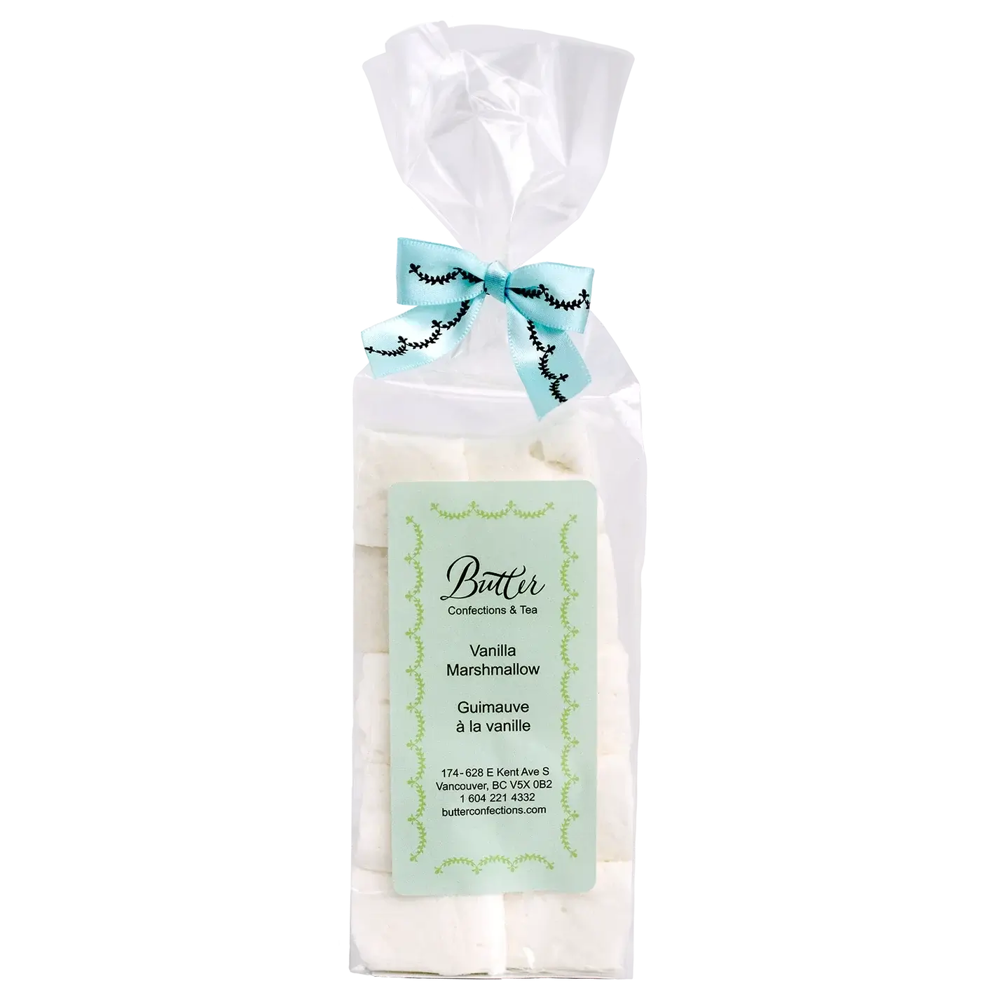 Handcrafted Gourmet Marshmallows in a clear bag tied with a blue ribbon, featuring vanilla flavor.