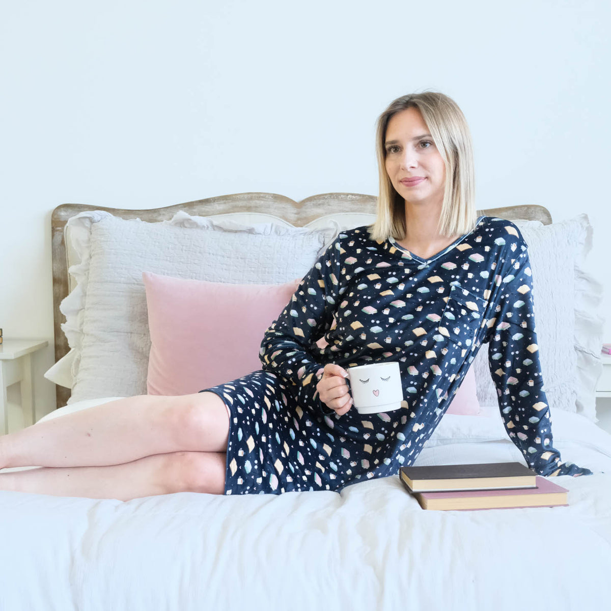 Miranda Nic Book Club Velvety Velour Long Sleeve Nightshirt lifestyle on model — Cloud Nine Pajamas Edmonton