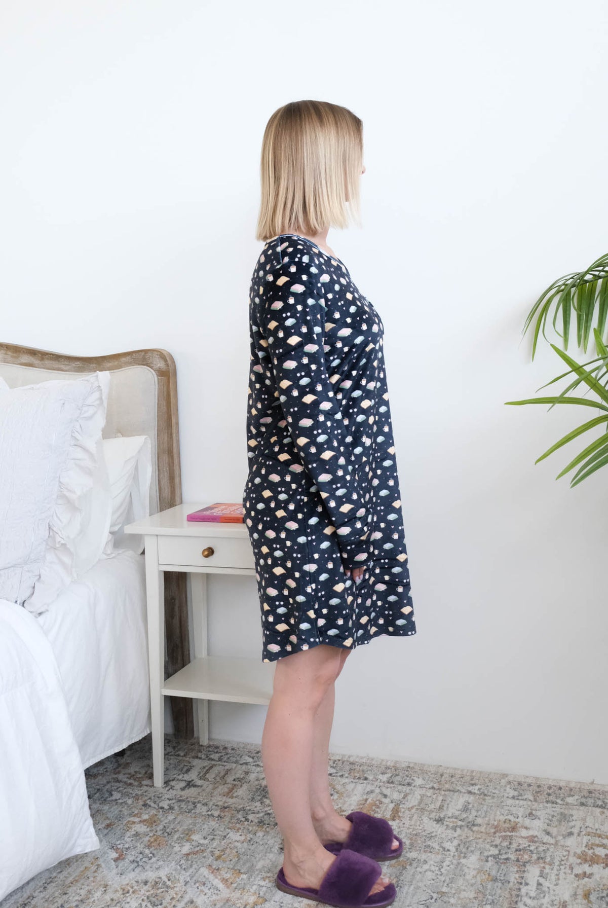 Miranda Nic Book Club Velvety Velour Long Sleeve Nightshirt side view on model — Cloud Nine Pajamas Edmonton