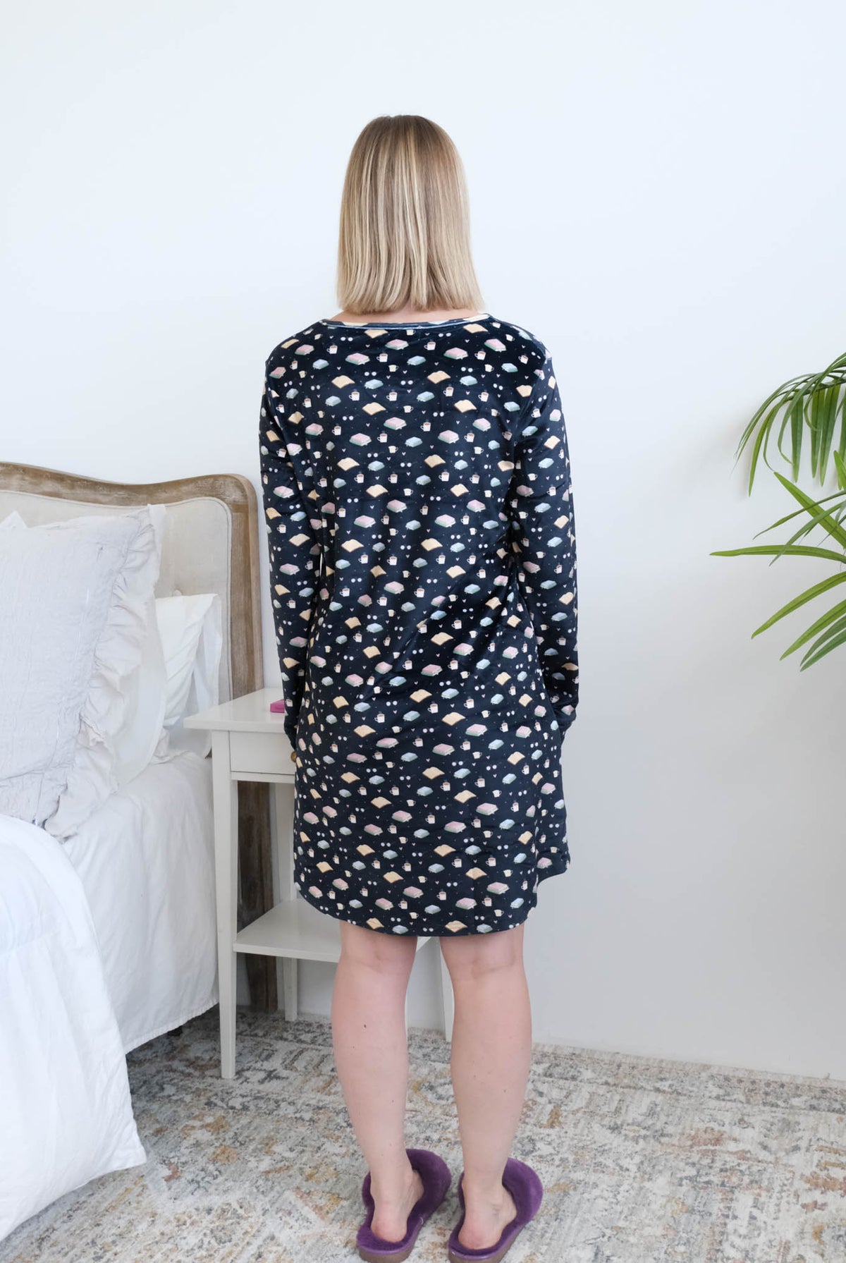 Miranda Nic Book Club Velvety Velour Long Sleeve Nightshirt back view on model — Cloud Nine Pajamas Edmonton