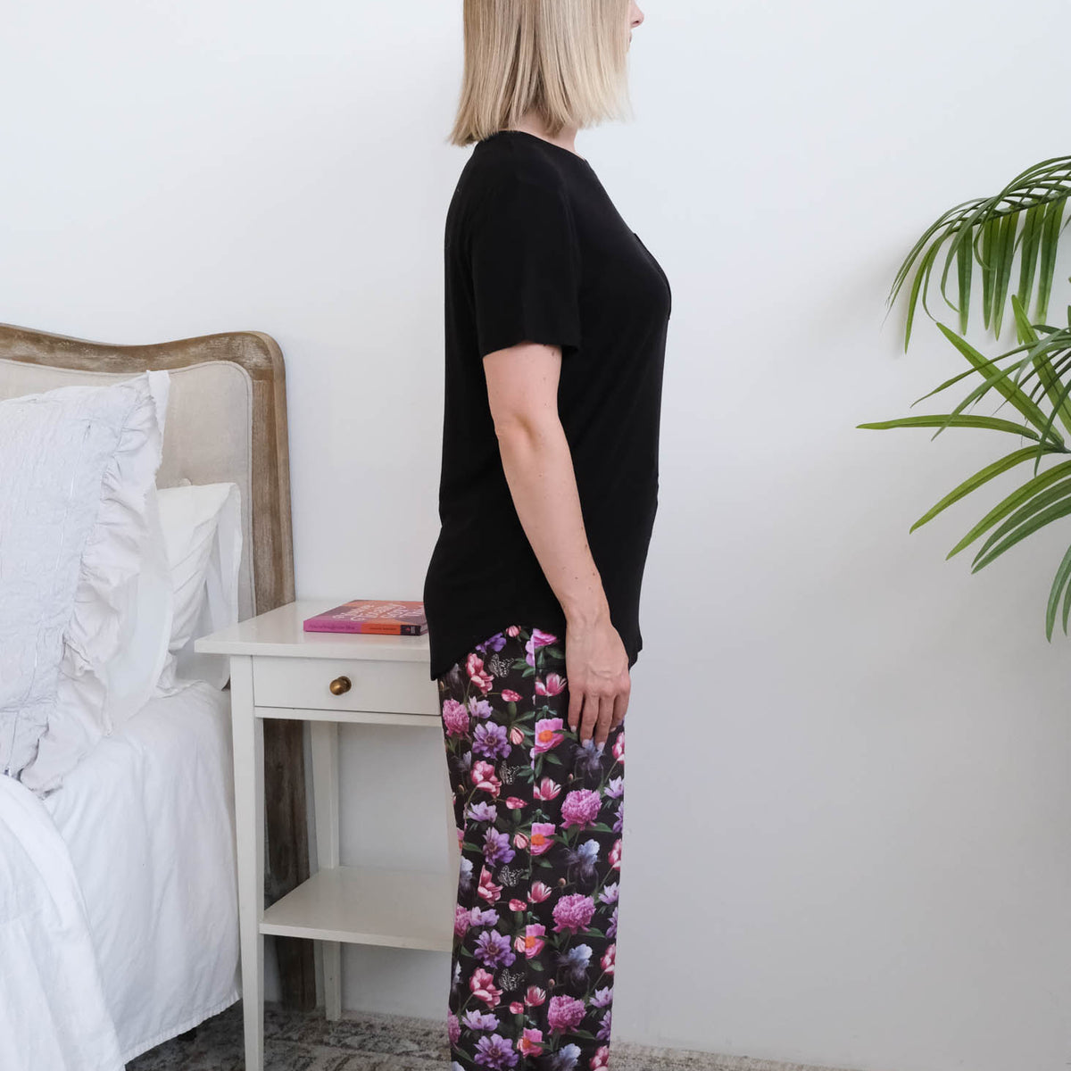 Miranda Nic Dreamy Blooms PJ Set model side view — Cloud Nine Pajamas Edmonton